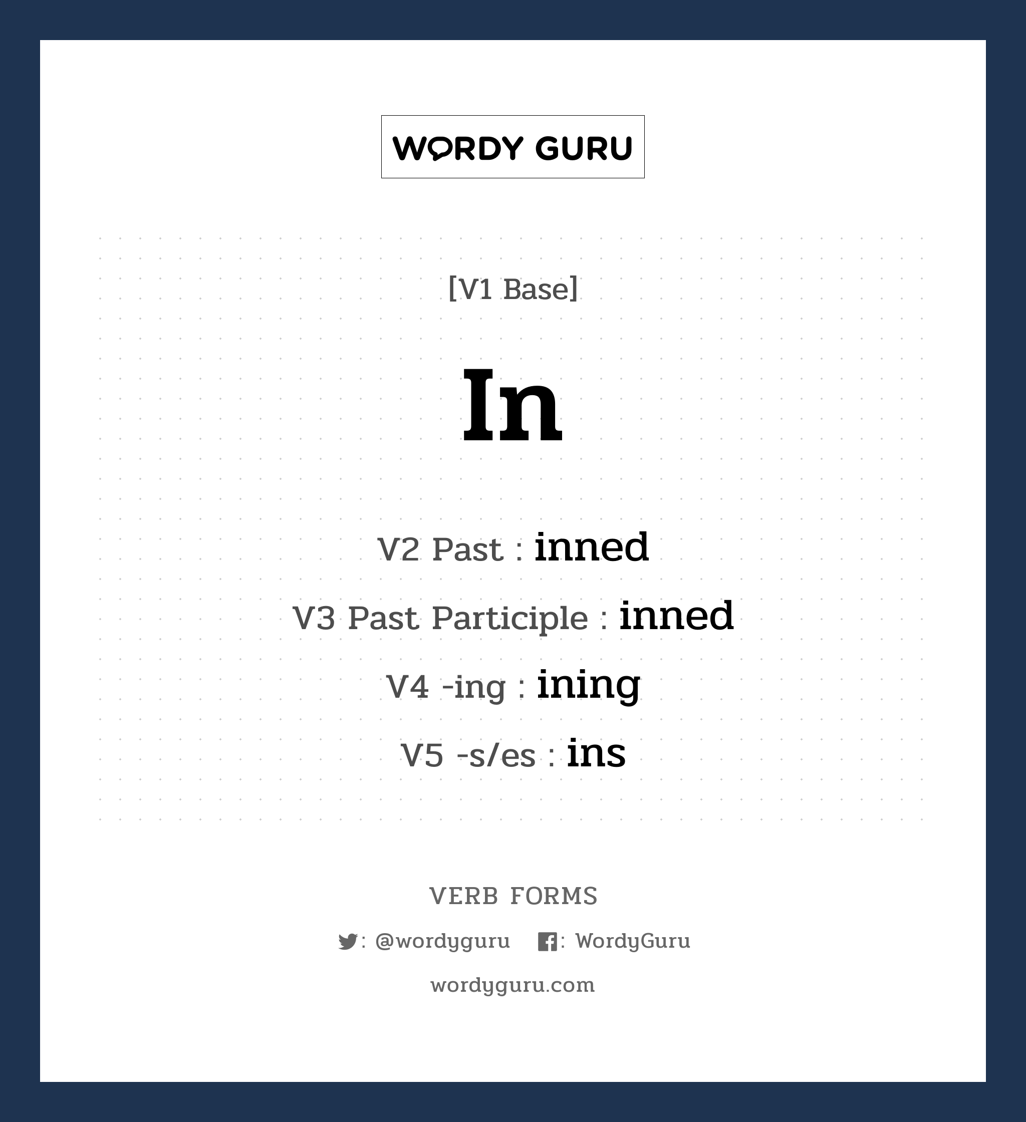 in คำกริยาคืออะไร, V1 Base in V2 Past inned V3 Past Participle inned V4 -ing ining V5 -s/es ins หมวด base-form, regular
