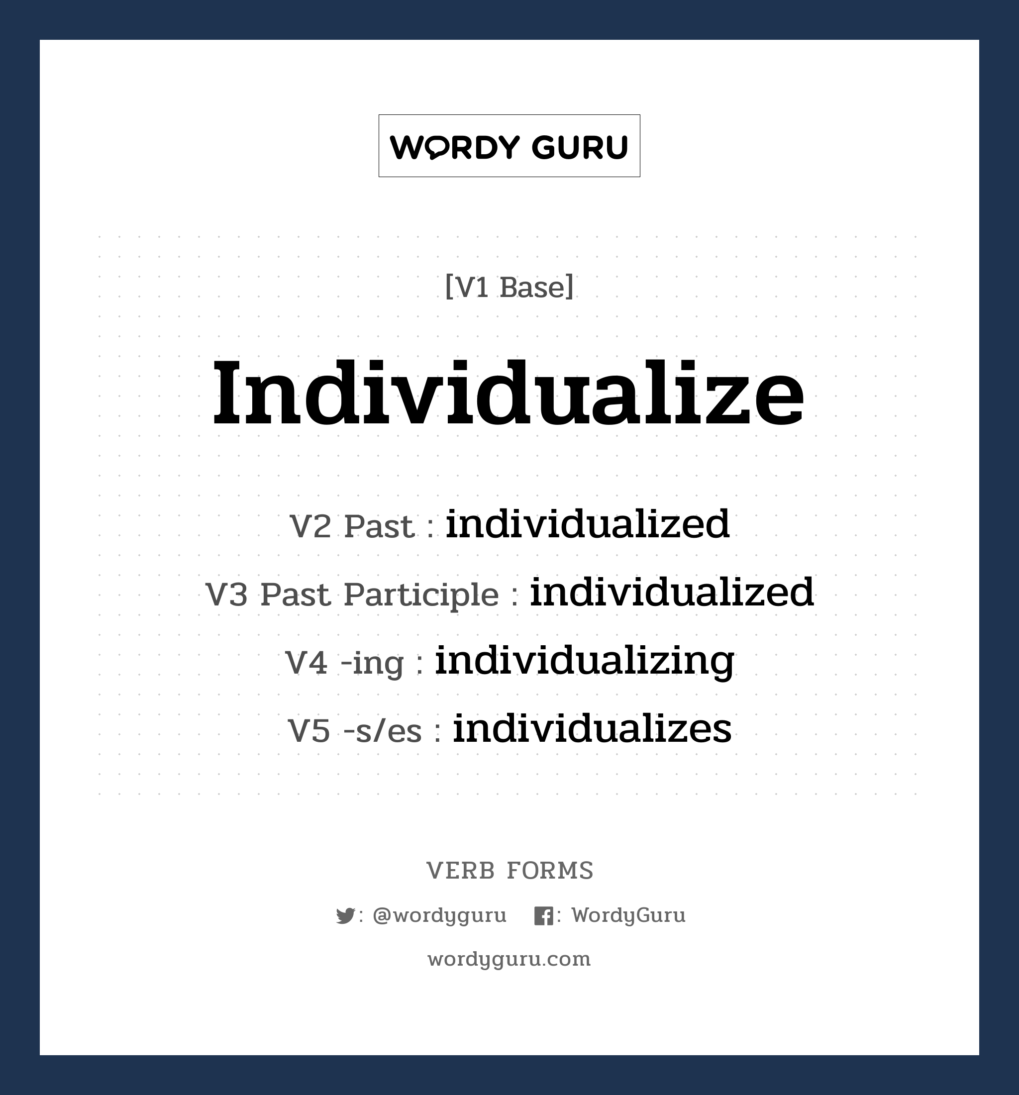 individualize คำกริยาคืออะไร, V1 Base individualize V2 Past individualized V3 Past Participle individualized V4 -ing individualizing V5 -s/es individualizes หมวด base-form, regular