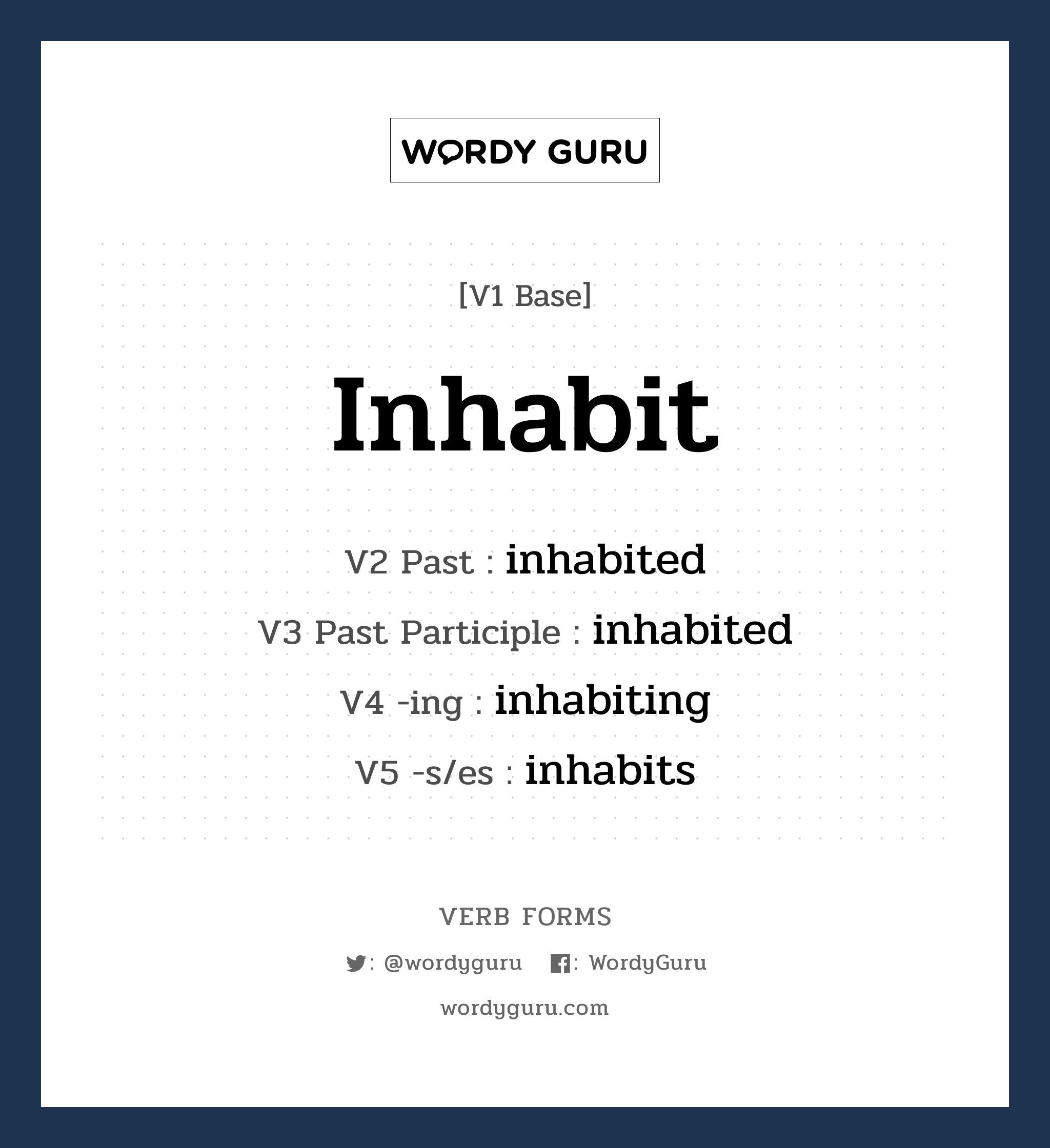 inhabit คำกริยาคืออะไร, V1 Base inhabit V2 Past inhabited V3 Past Participle inhabited V4 -ing inhabiting V5 -s/es inhabits หมวด base-form, regular