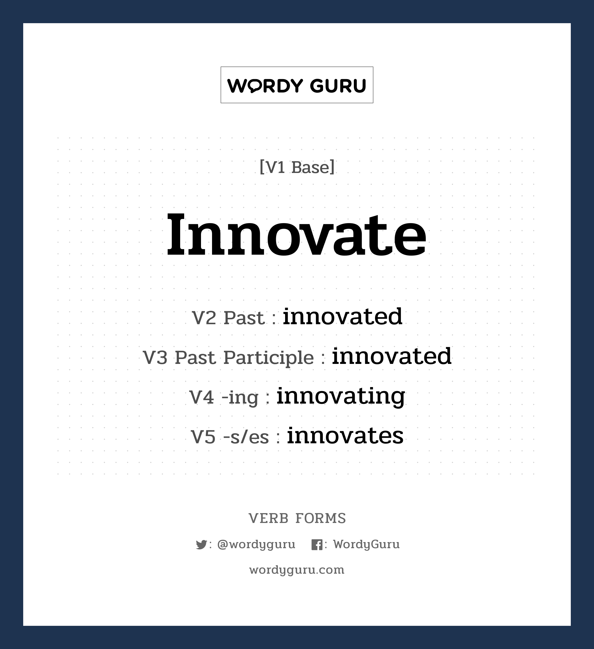 innovate คำกริยาคืออะไร, V1 Base innovate V2 Past innovated V3 Past Participle innovated V4 -ing innovating V5 -s/es innovates หมวด base-form, regular