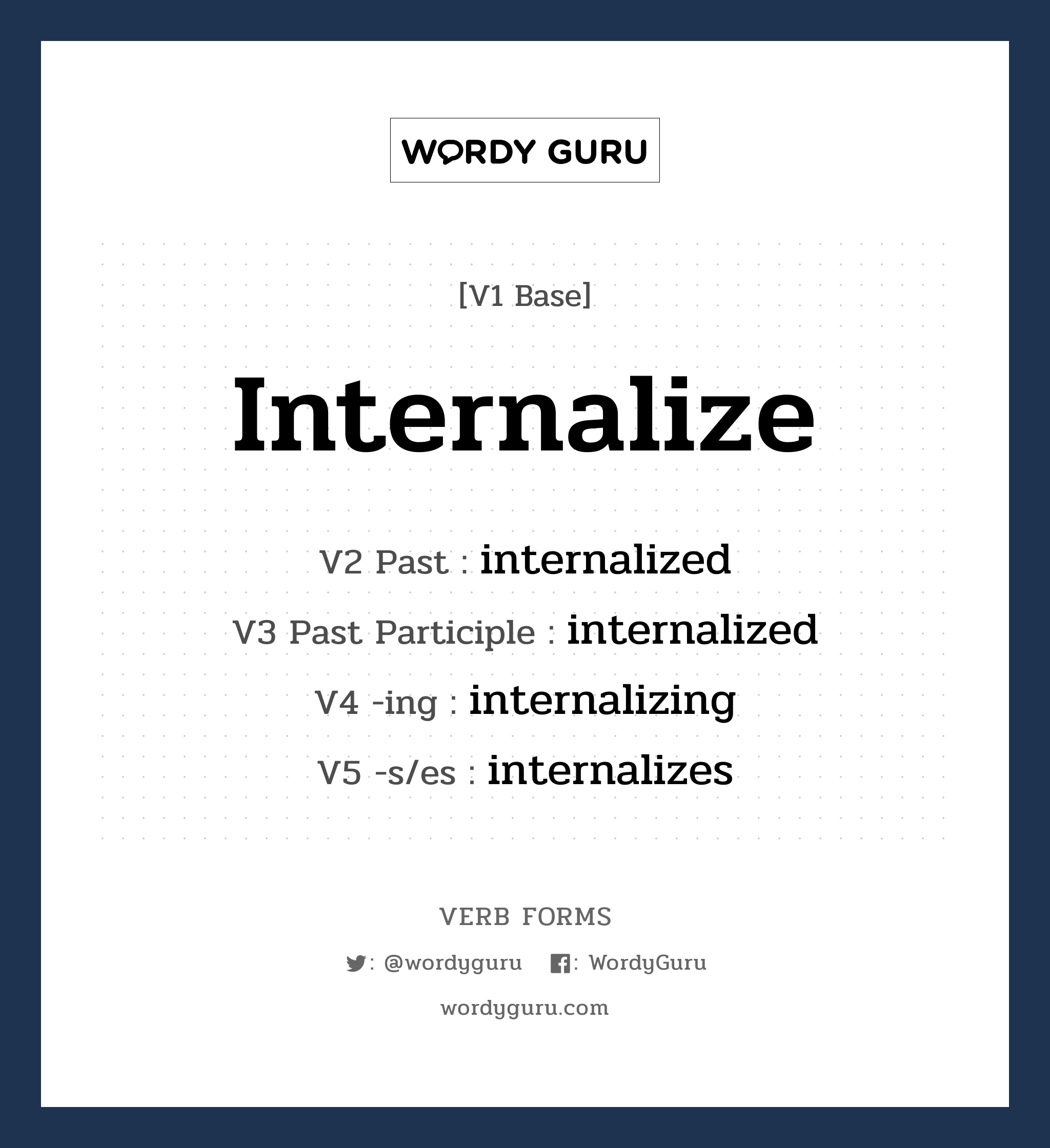 internalize คำกริยาคืออะไร, V1 Base internalize V2 Past internalized V3 Past Participle internalized V4 -ing internalizing V5 -s/es internalizes หมวด base-form, regular