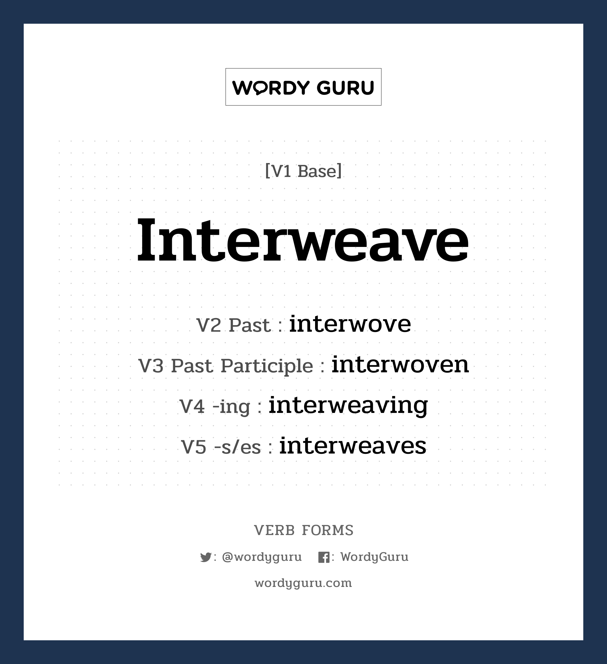 interweave คำกริยาคืออะไร, V1 Base interweave V2 Past interwove V3 Past Participle interwoven V4 -ing interweaving V5 -s/es interweaves หมวด base-form, irregular