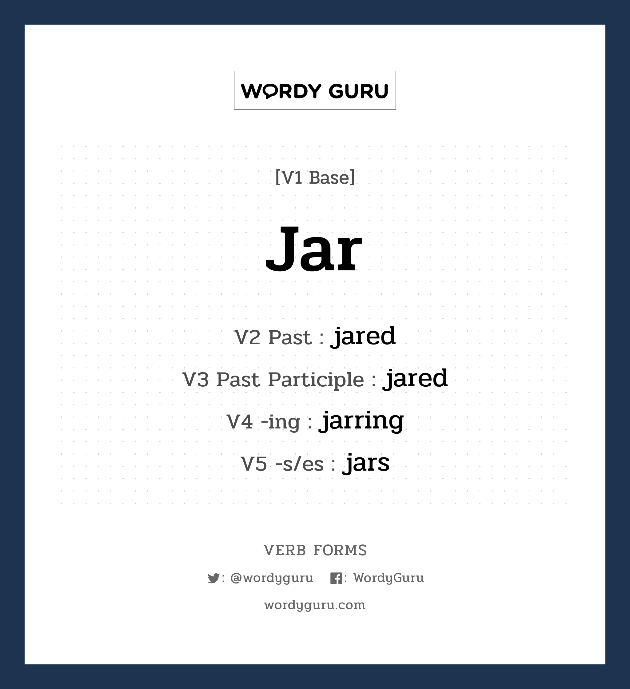 jar คำกริยาคืออะไร, V1 Base jar V2 Past jared V3 Past Participle jared V4 -ing jarring V5 -s/es jars หมวด base-form, regular