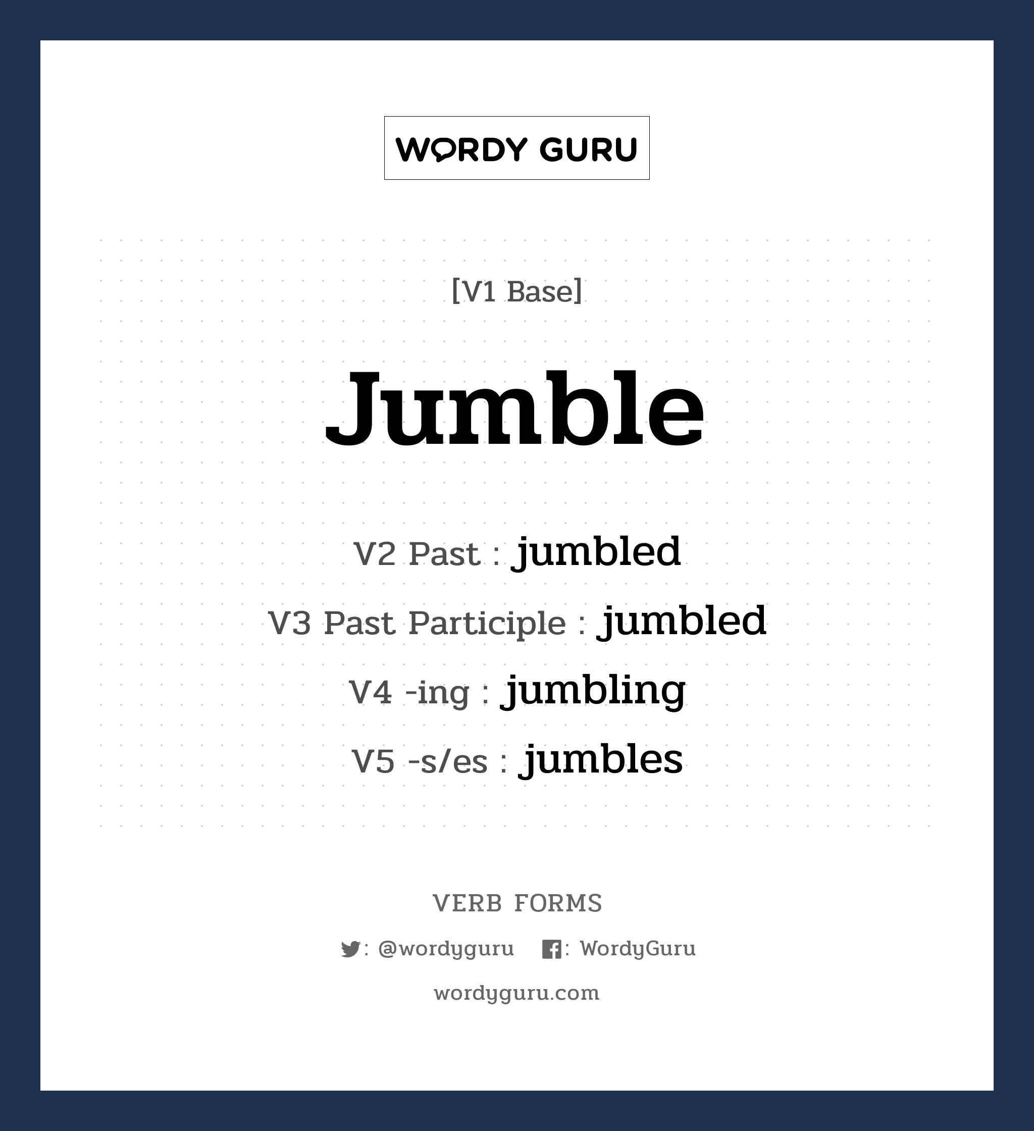 jumble คำกริยาคืออะไร, V1 Base jumble V2 Past jumbled V3 Past Participle jumbled V4 -ing jumbling V5 -s/es jumbles หมวด base-form, regular