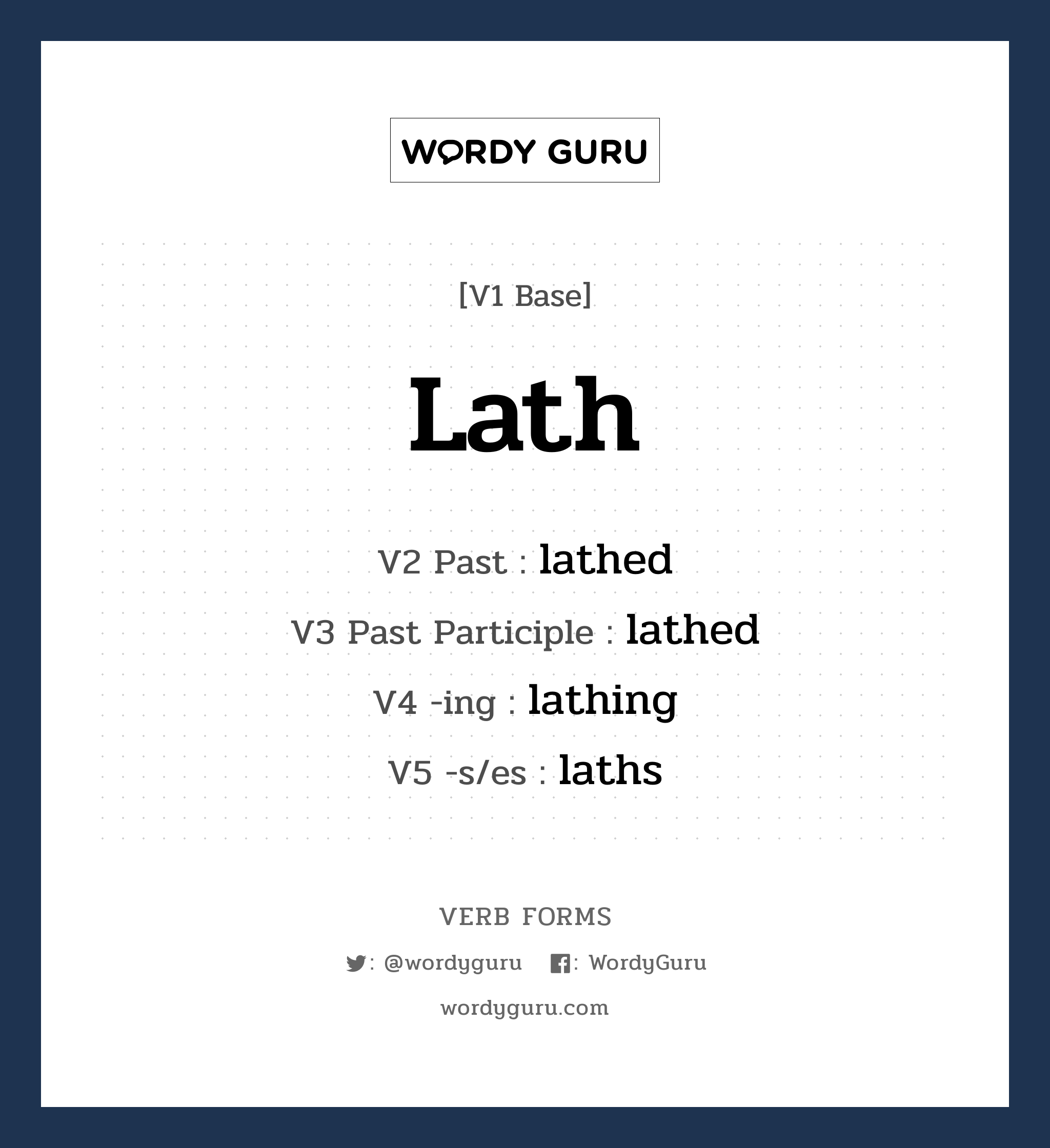 lath คำกริยาคืออะไร, V1 Base lath V2 Past lathed V3 Past Participle lathed V4 -ing lathing V5 -s/es laths หมวด base-form, regular