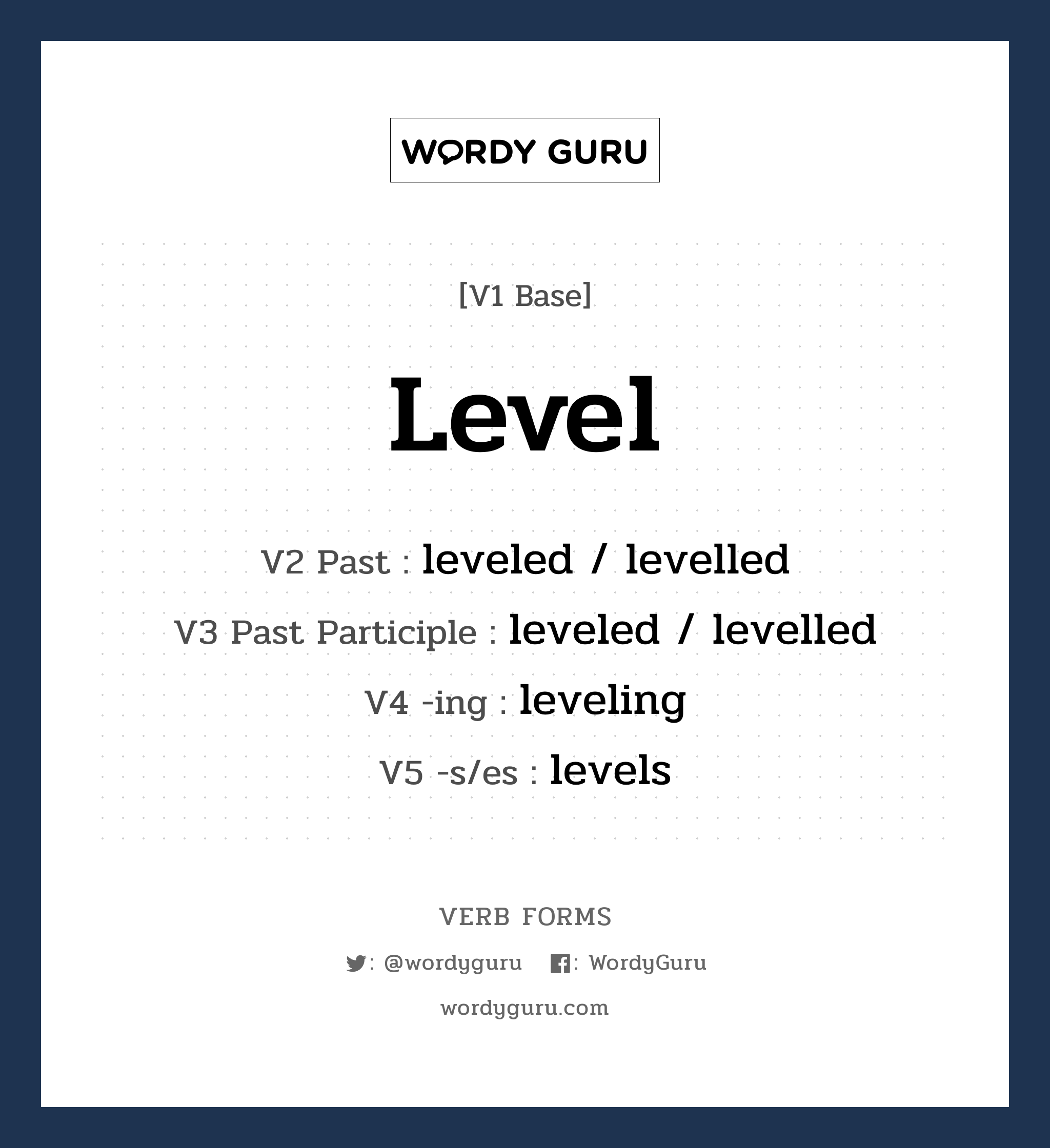 level คำกริยาคืออะไร, V1 Base level V2 Past leveled / levelled V3 Past Participle leveled / levelled V4 -ing leveling V5 -s/es levels หมวด base-form, regular