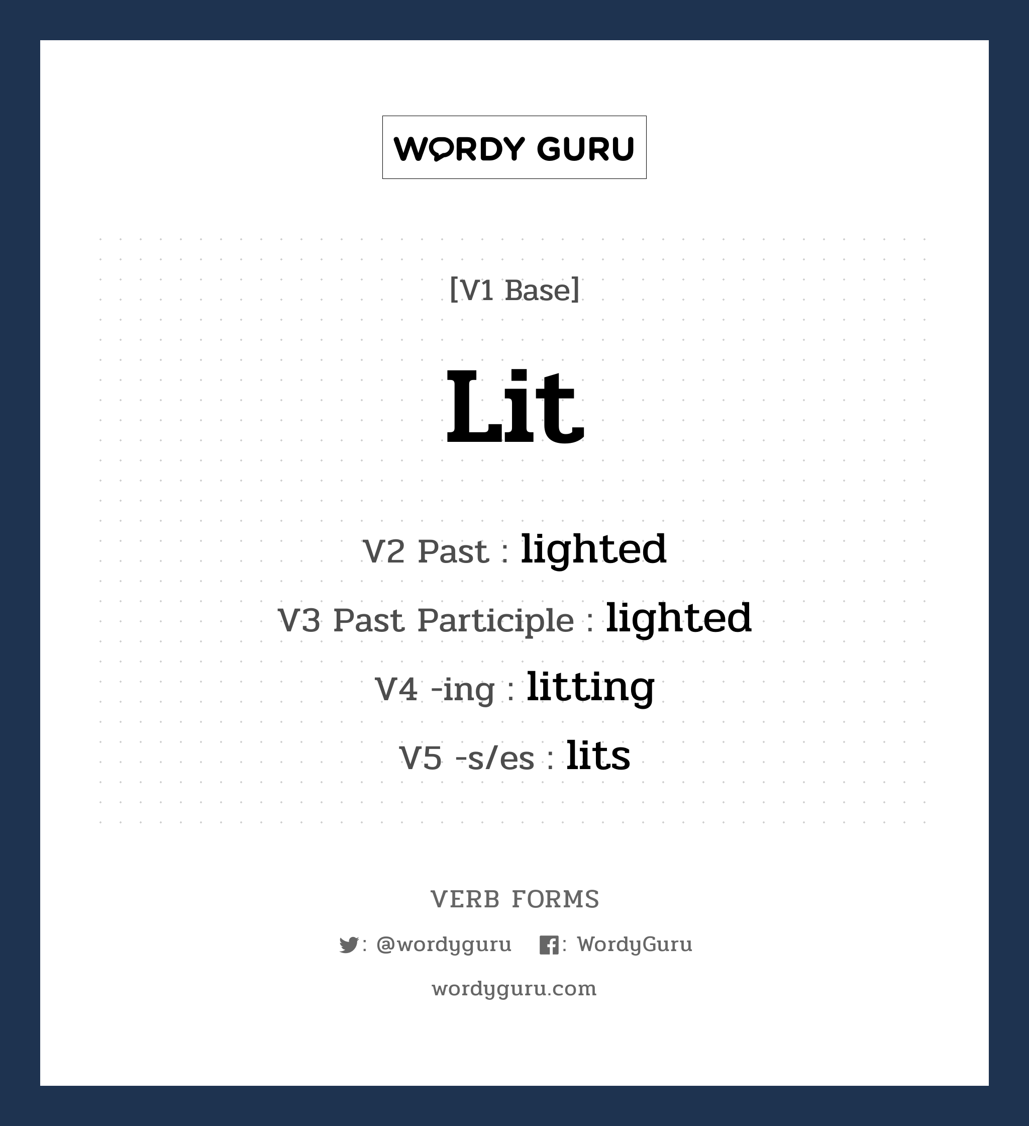 lit คำกริยาคืออะไร, V1 Base lit V2 Past lighted V3 Past Participle lighted V4 -ing litting V5 -s/es lits หมวด base-form, regular