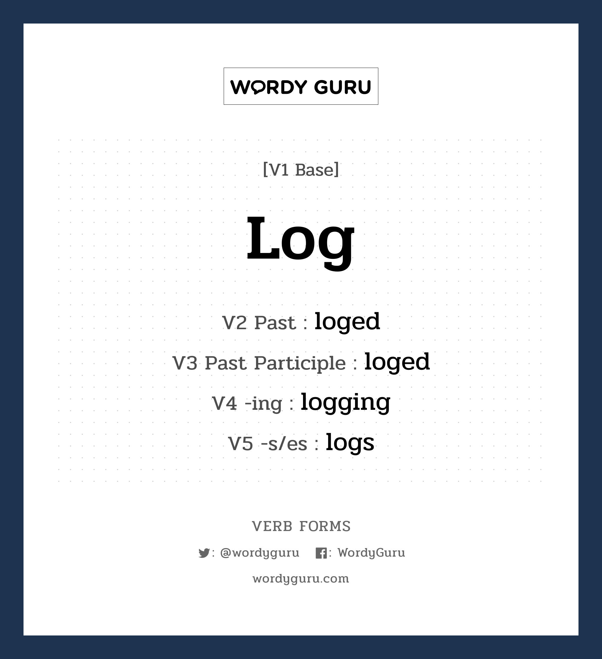 log คำกริยาคืออะไร, V1 Base log V2 Past loged V3 Past Participle loged V4 -ing logging V5 -s/es logs หมวด base-form, regular