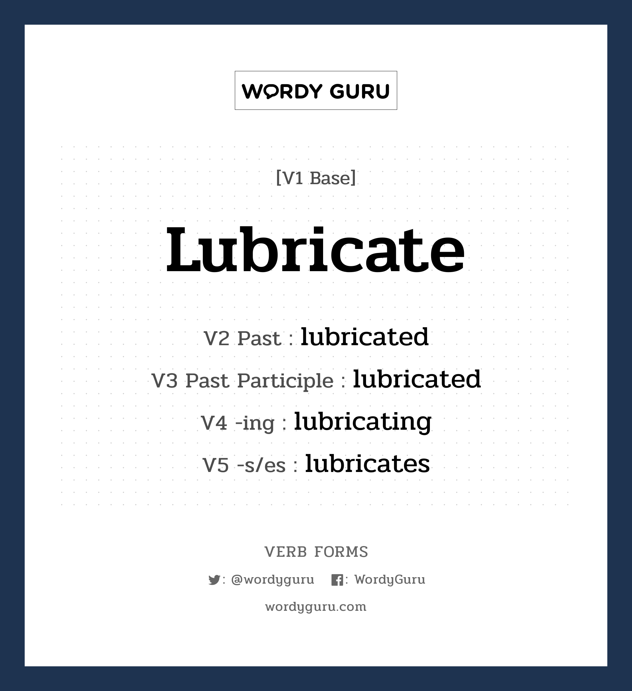 lubricate คำกริยาคืออะไร, V1 Base lubricate V2 Past lubricated V3 Past Participle lubricated V4 -ing lubricating V5 -s/es lubricates หมวด base-form, regular