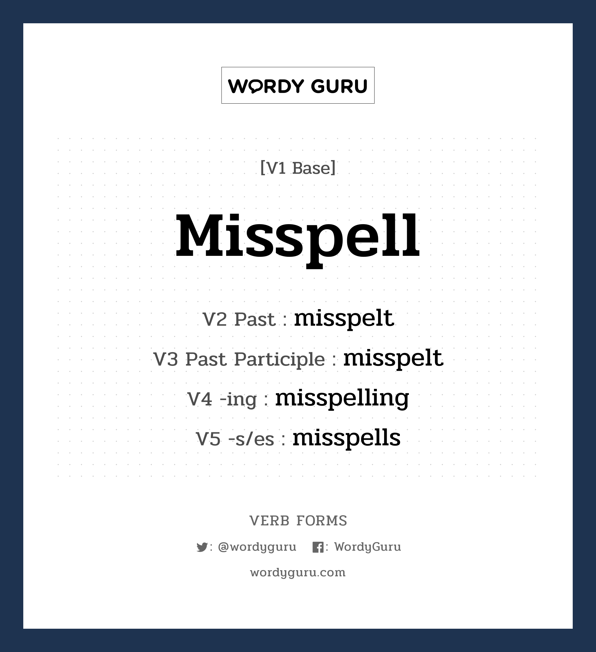 misspell คำกริยาคืออะไร, V1 Base misspell V2 Past misspelt V3 Past Participle misspelt V4 -ing misspelling V5 -s/es misspells หมวด base-form, irregular