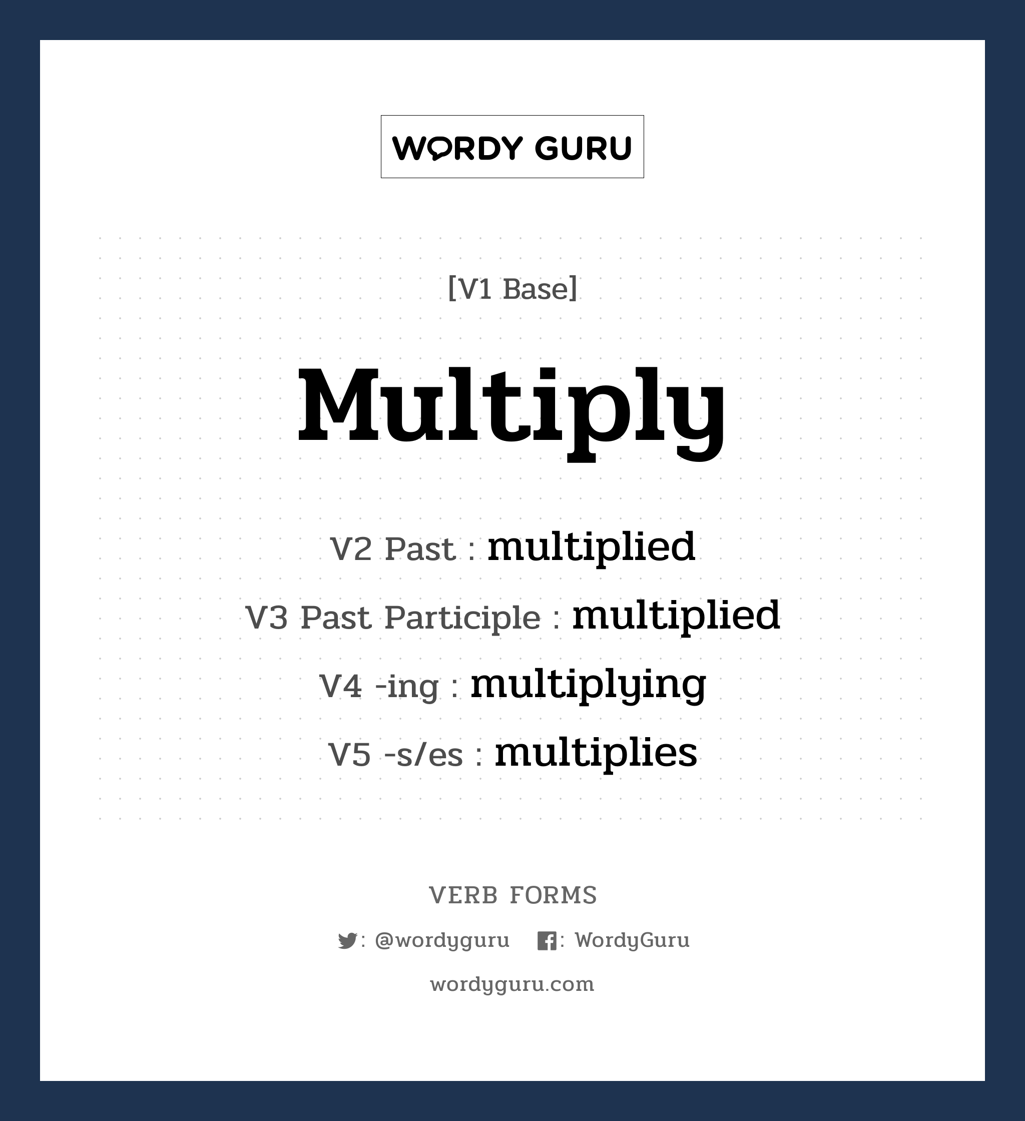 multiply คำกริยาคืออะไร, V1 Base multiply V2 Past multiplied V3 Past Participle multiplied V4 -ing multiplying V5 -s/es multiplies หมวด base-form, regular