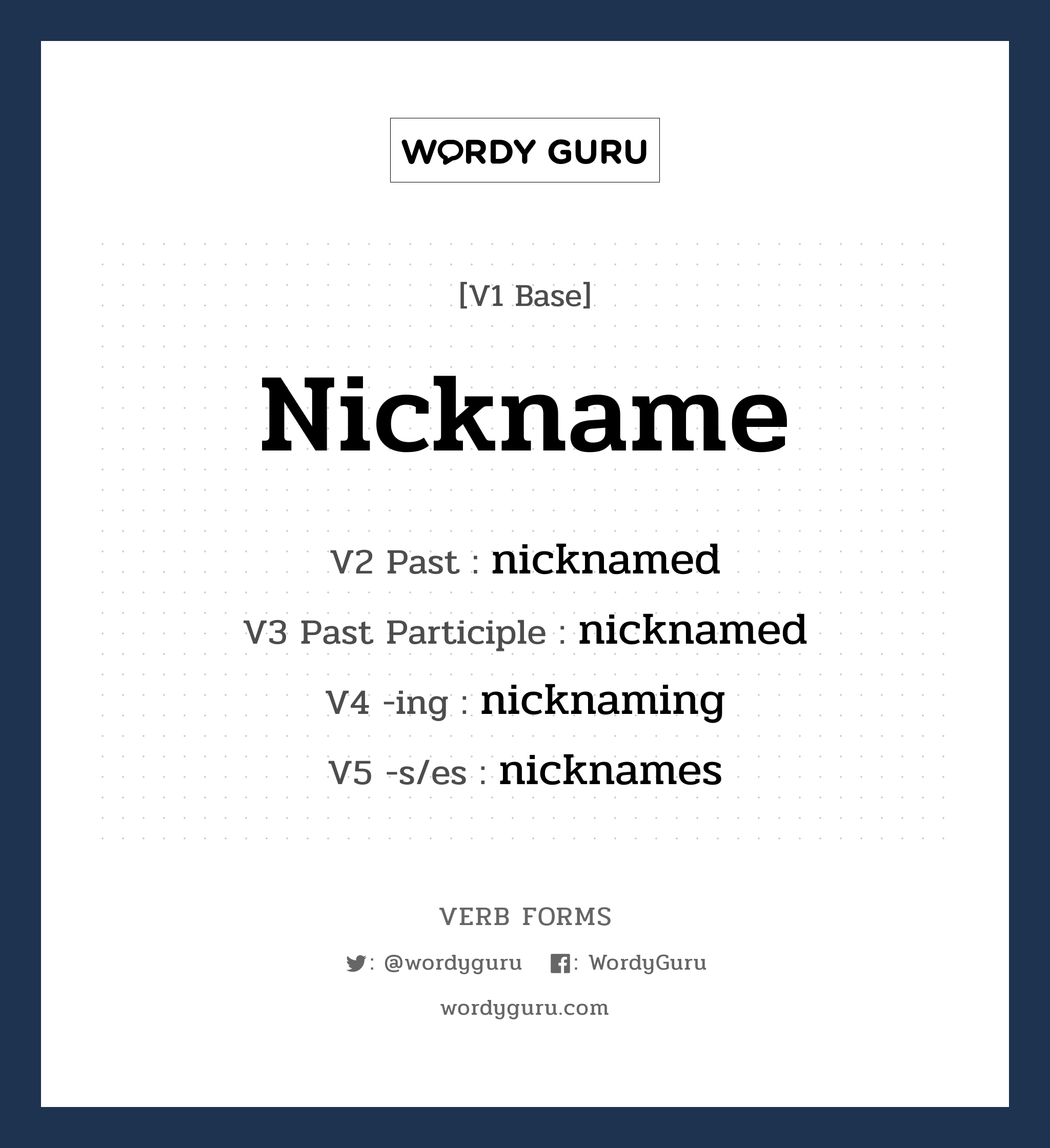 nickname คำกริยาคืออะไร, V1 Base nickname V2 Past nicknamed V3 Past Participle nicknamed V4 -ing nicknaming V5 -s/es nicknames หมวด base-form, regular