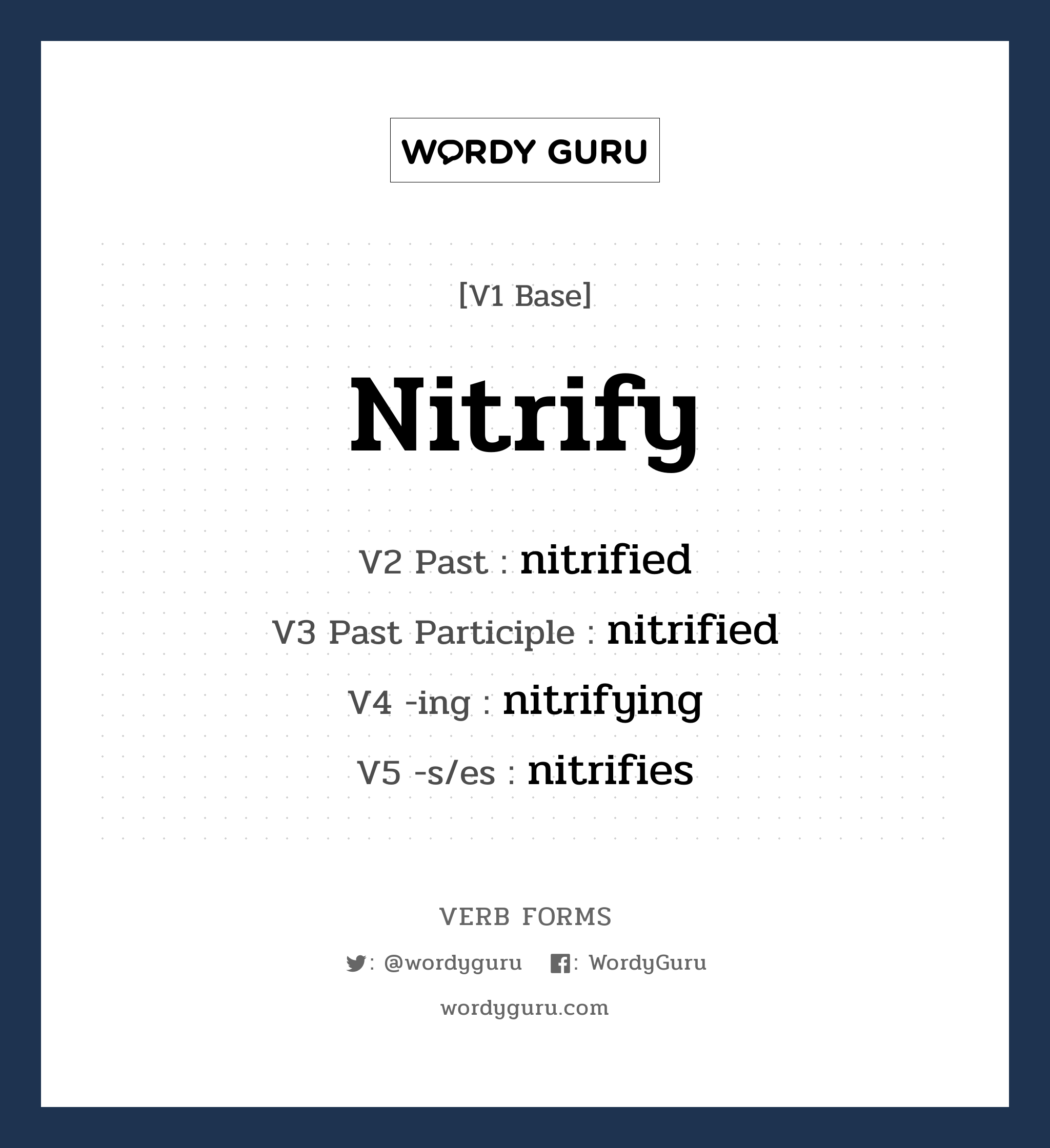nitrify คำกริยาคืออะไร, V1 Base nitrify V2 Past nitrified V3 Past Participle nitrified V4 -ing nitrifying V5 -s/es nitrifies หมวด base-form, regular