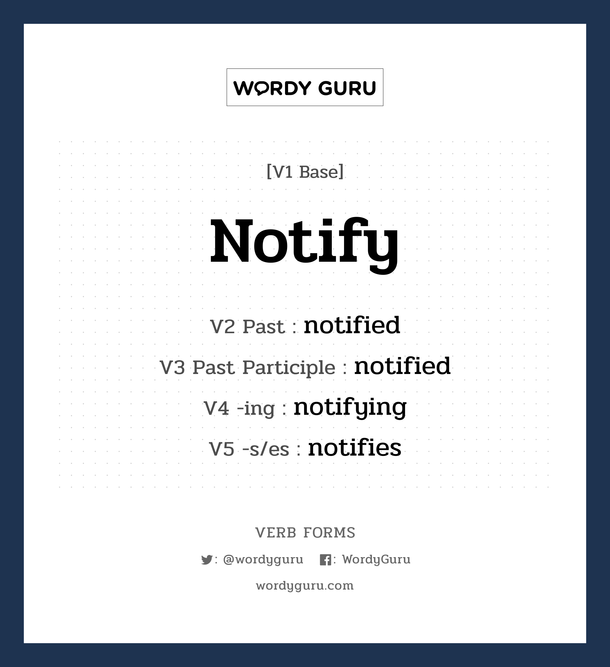 notify คำกริยาคืออะไร, V1 Base notify V2 Past notified V3 Past Participle notified V4 -ing notifying V5 -s/es notifies หมวด base-form, regular
