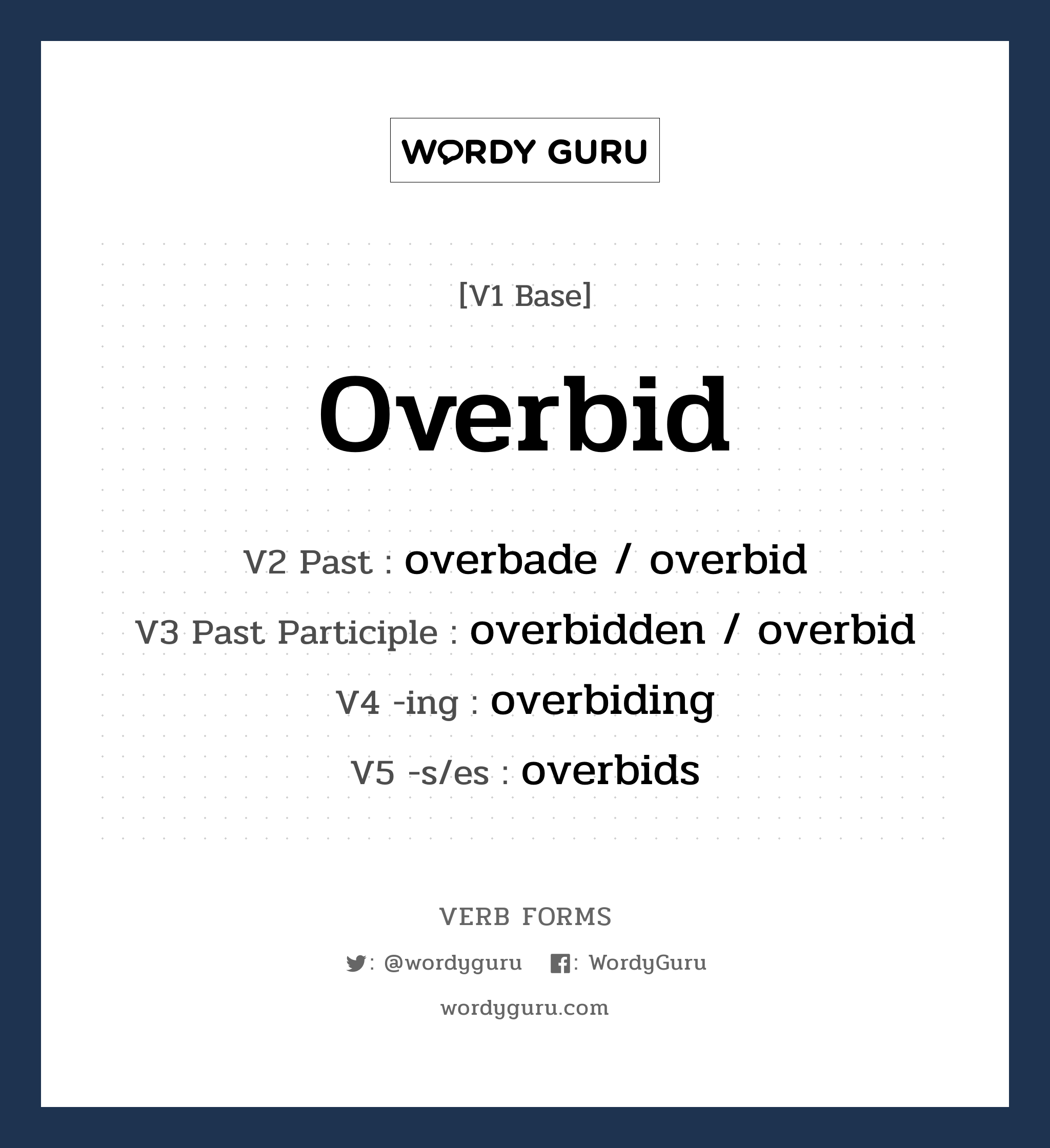 overbid คำกริยาคืออะไร, V1 Base overbid V2 Past overbade / overbid V3 Past Participle overbidden / overbid V4 -ing overbiding V5 -s/es overbids หมวด base-form, irregular