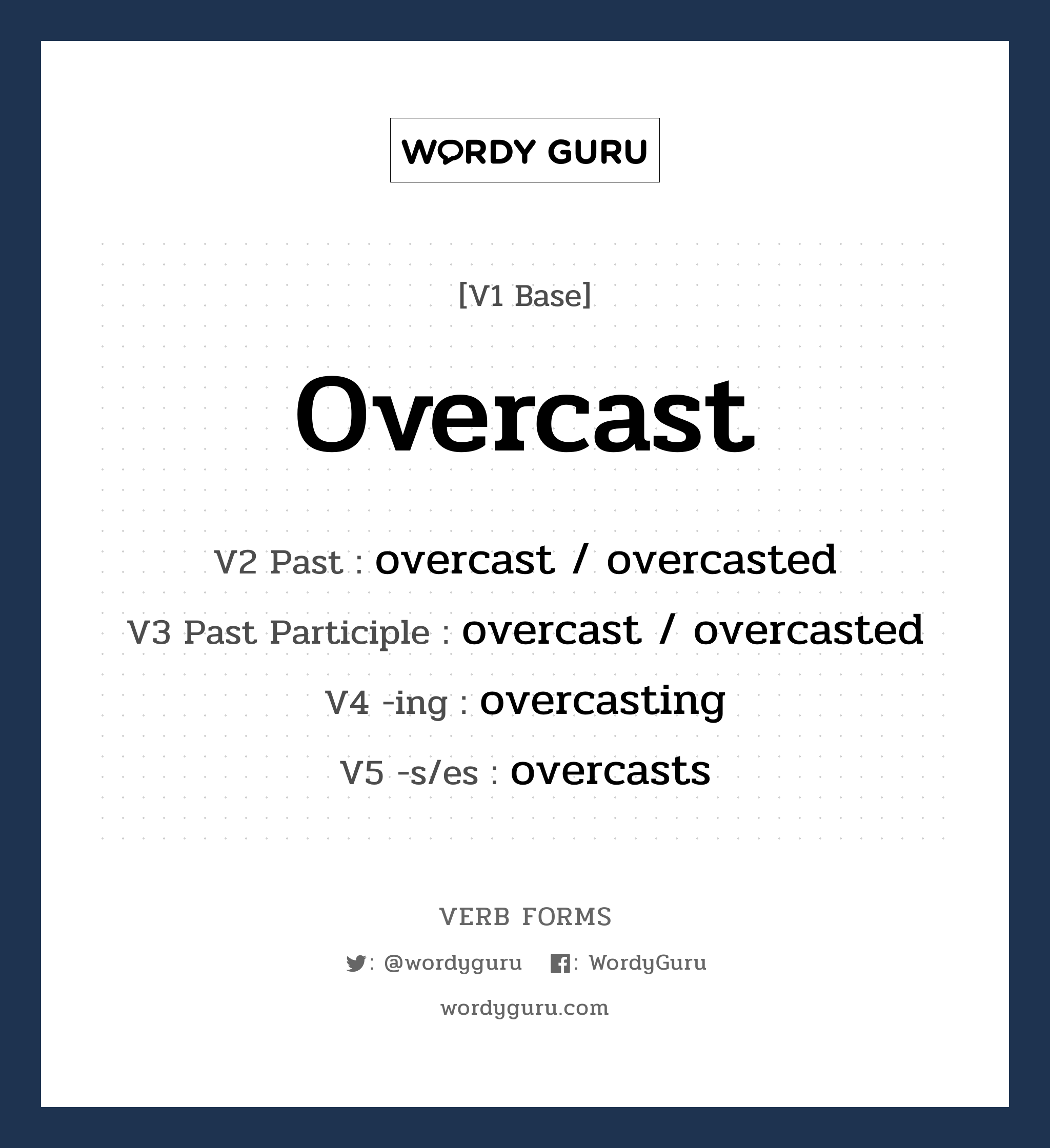 overcast คำกริยาคืออะไร, V1 Base overcast V2 Past overcast / overcasted V3 Past Participle overcast / overcasted V4 -ing overcasting V5 -s/es overcasts หมวด base-form, irregular