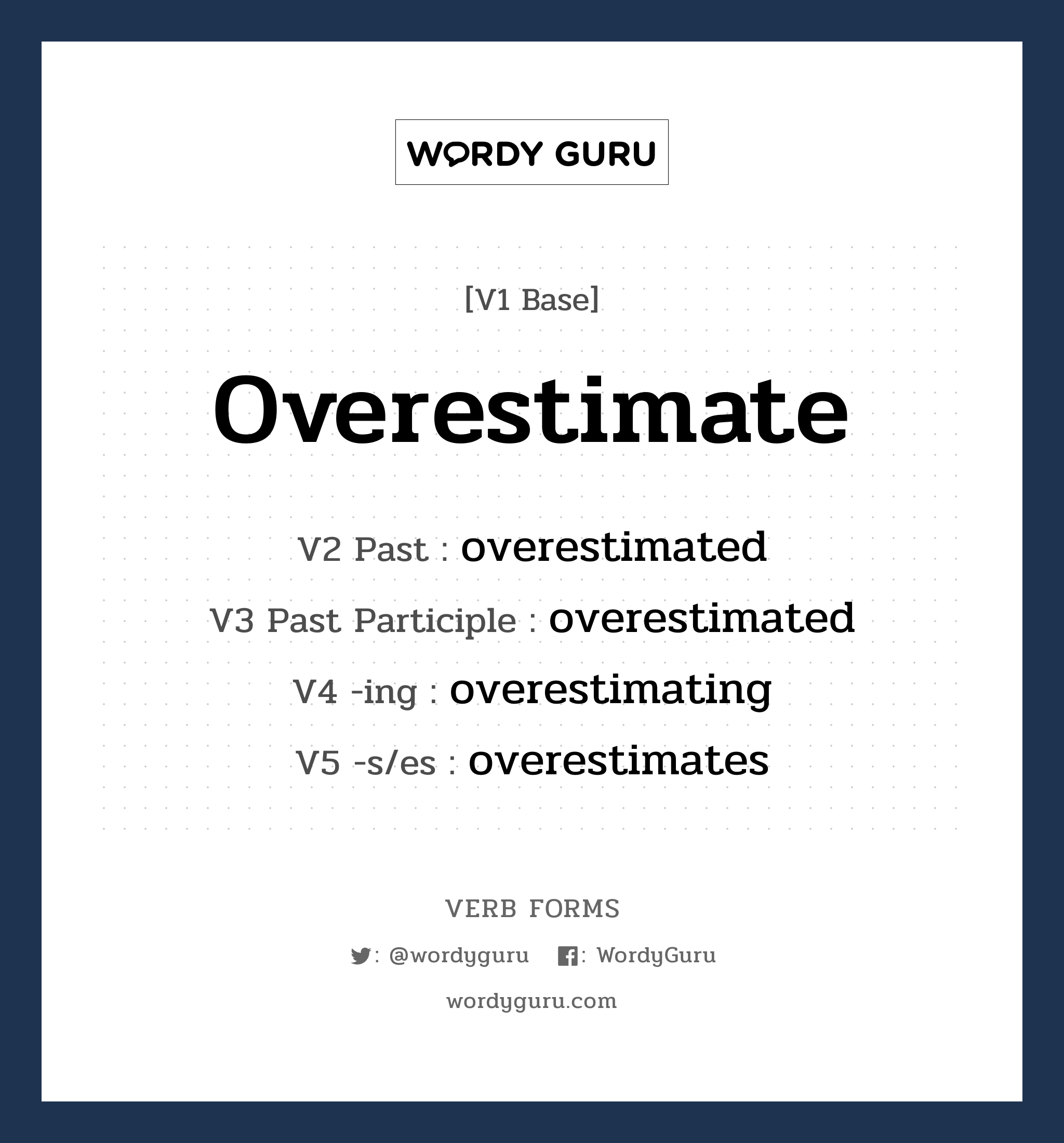 overestimate คำกริยาคืออะไร, V1 Base overestimate V2 Past overestimated V3 Past Participle overestimated V4 -ing overestimating V5 -s/es overestimates หมวด base-form, regular