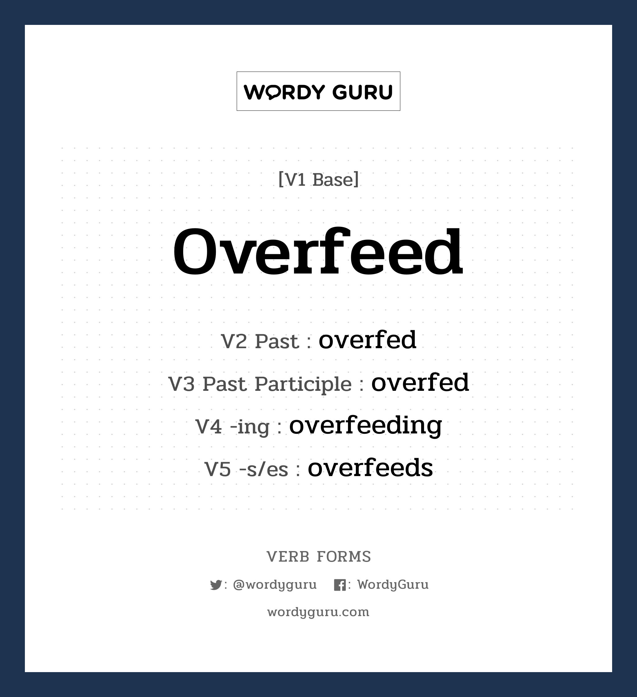 overfeed คำกริยาคืออะไร, V1 Base overfeed V2 Past overfed V3 Past Participle overfed V4 -ing overfeeding V5 -s/es overfeeds หมวด base-form, irregular