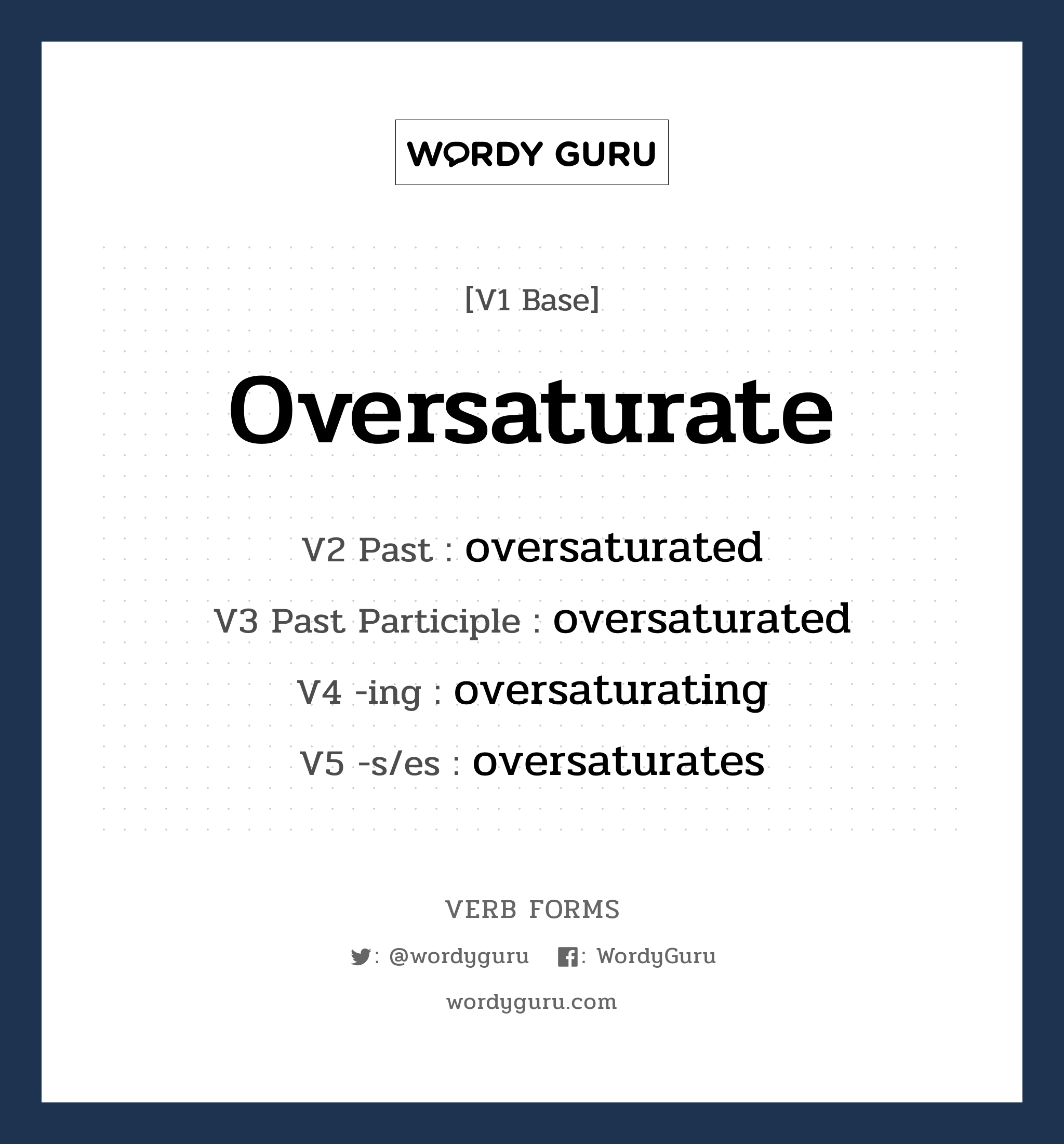 oversaturate คำกริยาคืออะไร, V1 Base oversaturate V2 Past oversaturated V3 Past Participle oversaturated V4 -ing oversaturating V5 -s/es oversaturates หมวด base-form, regular