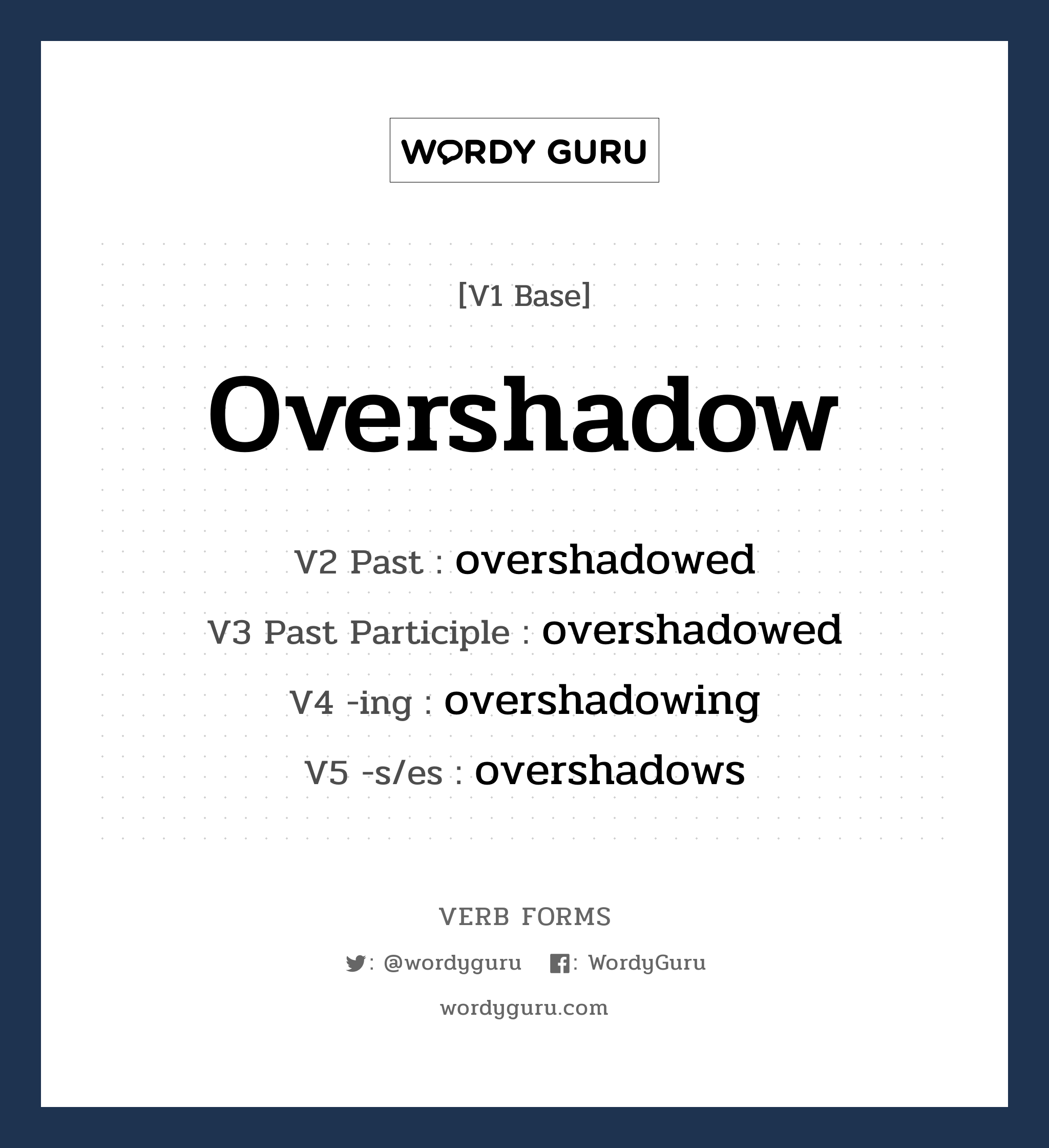 overshadow คำกริยาคืออะไร, V1 Base overshadow V2 Past overshadowed V3 Past Participle overshadowed V4 -ing overshadowing V5 -s/es overshadows หมวด base-form, regular