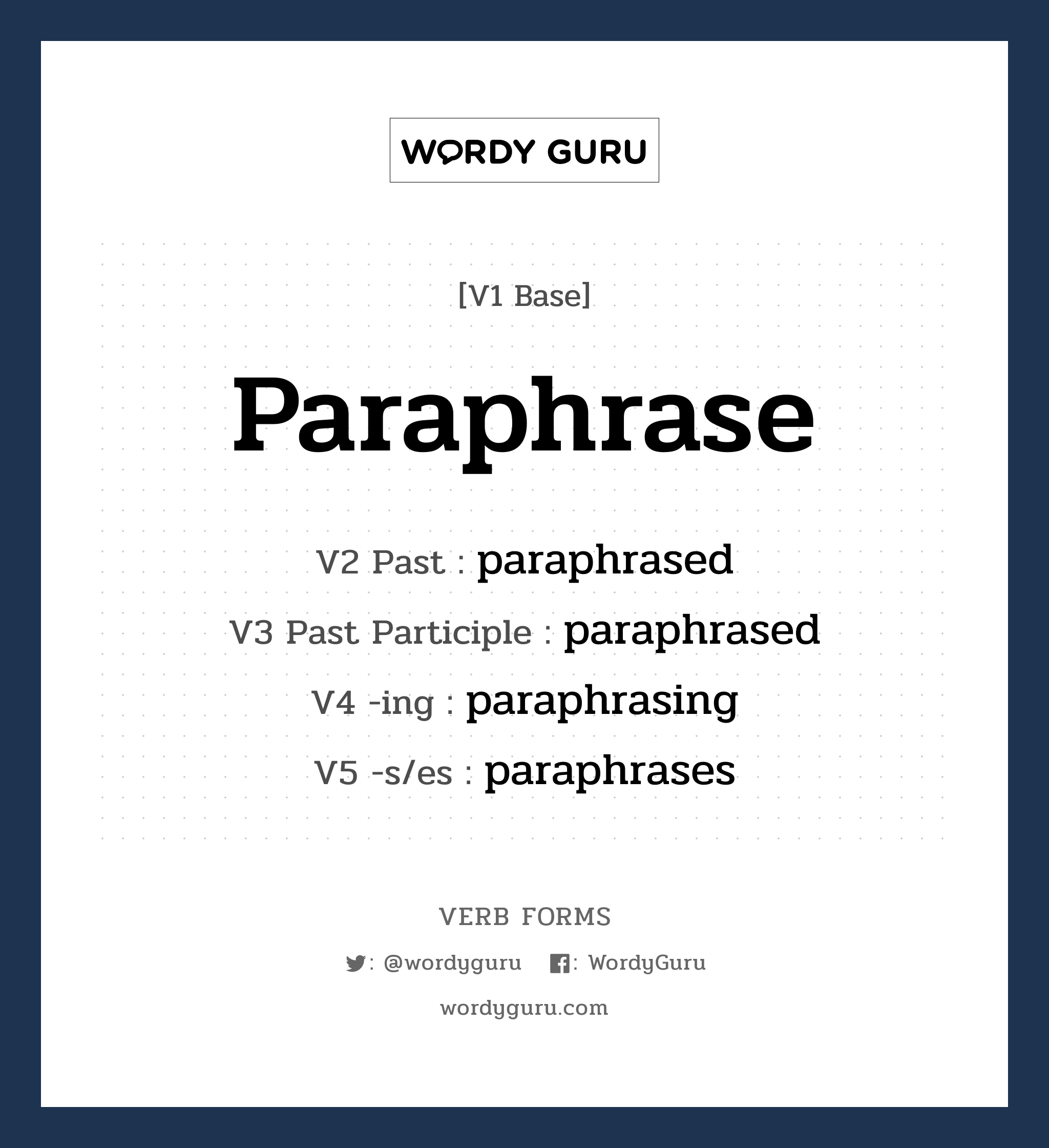paraphrase คำกริยาคืออะไร, V1 Base paraphrase V2 Past paraphrased V3 Past Participle paraphrased V4 -ing paraphrasing V5 -s/es paraphrases หมวด base-form, regular