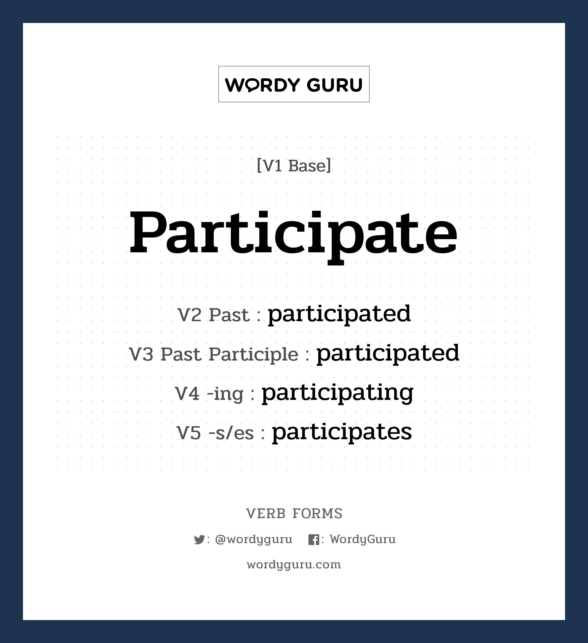 participate คำกริยาคืออะไร, V1 Base participate V2 Past participated V3 Past Participle participated V4 -ing participating V5 -s/es participates หมวด base-form, regular