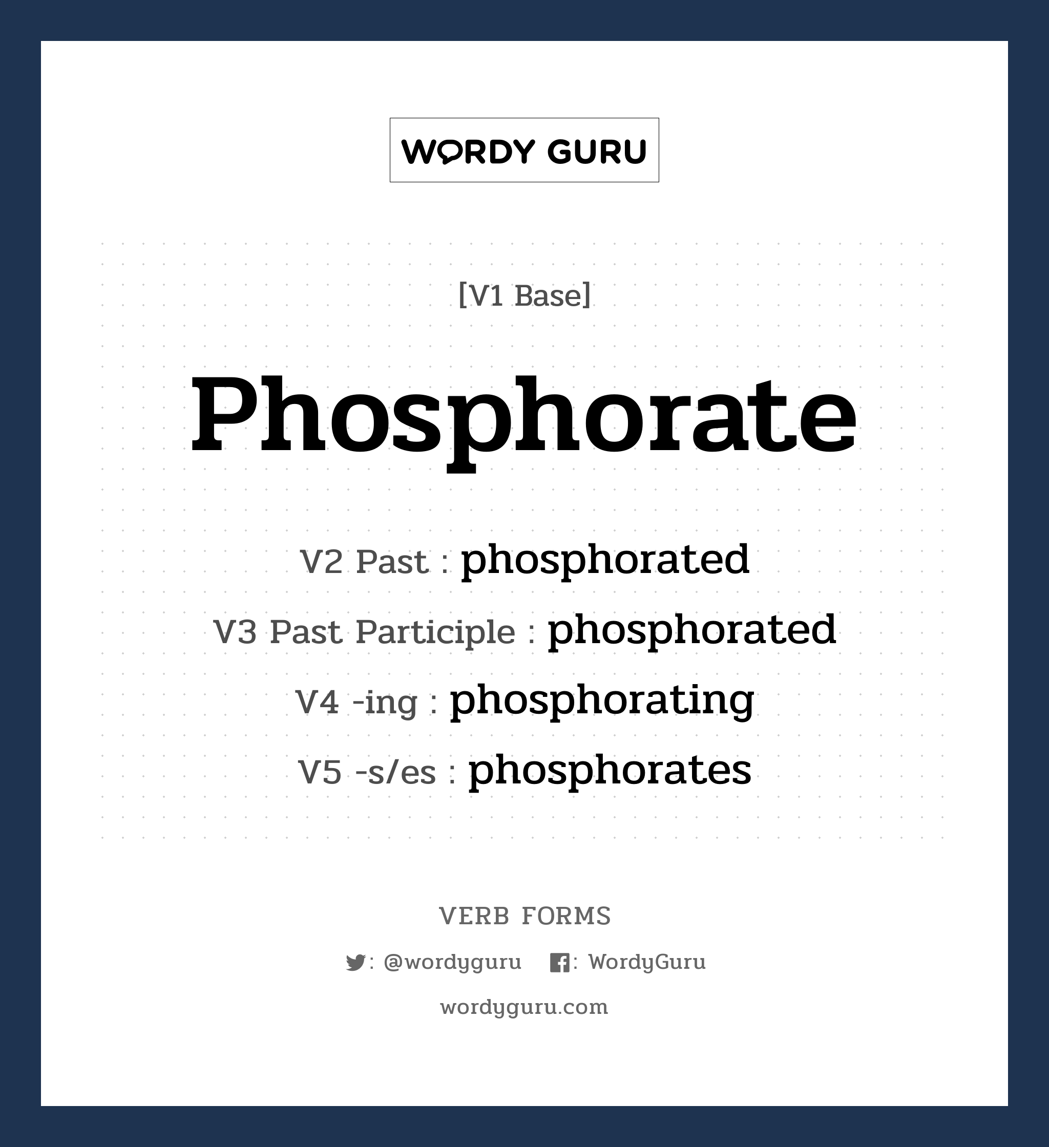 phosphorate คำกริยาคืออะไร, V1 Base phosphorate V2 Past phosphorated V3 Past Participle phosphorated V4 -ing phosphorating V5 -s/es phosphorates หมวด base-form, regular
