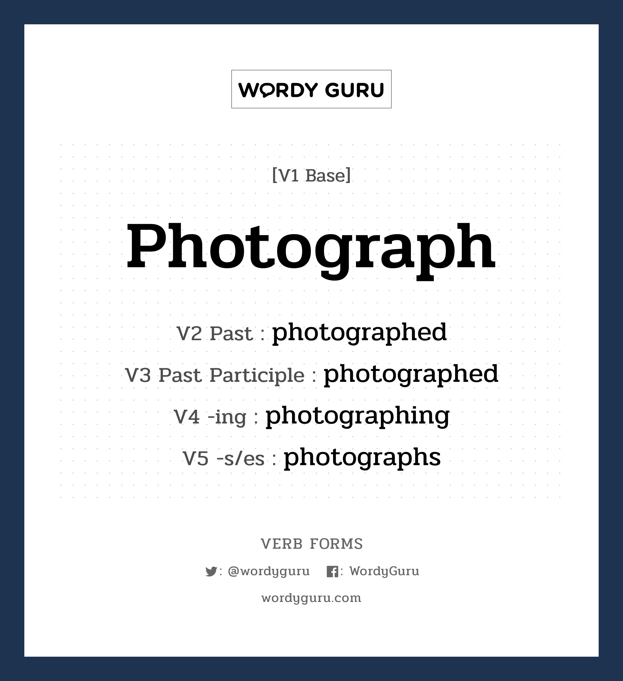 photograph คำกริยาคืออะไร, V1 Base photograph V2 Past photographed V3 Past Participle photographed V4 -ing photographing V5 -s/es photographs หมวด base-form, regular