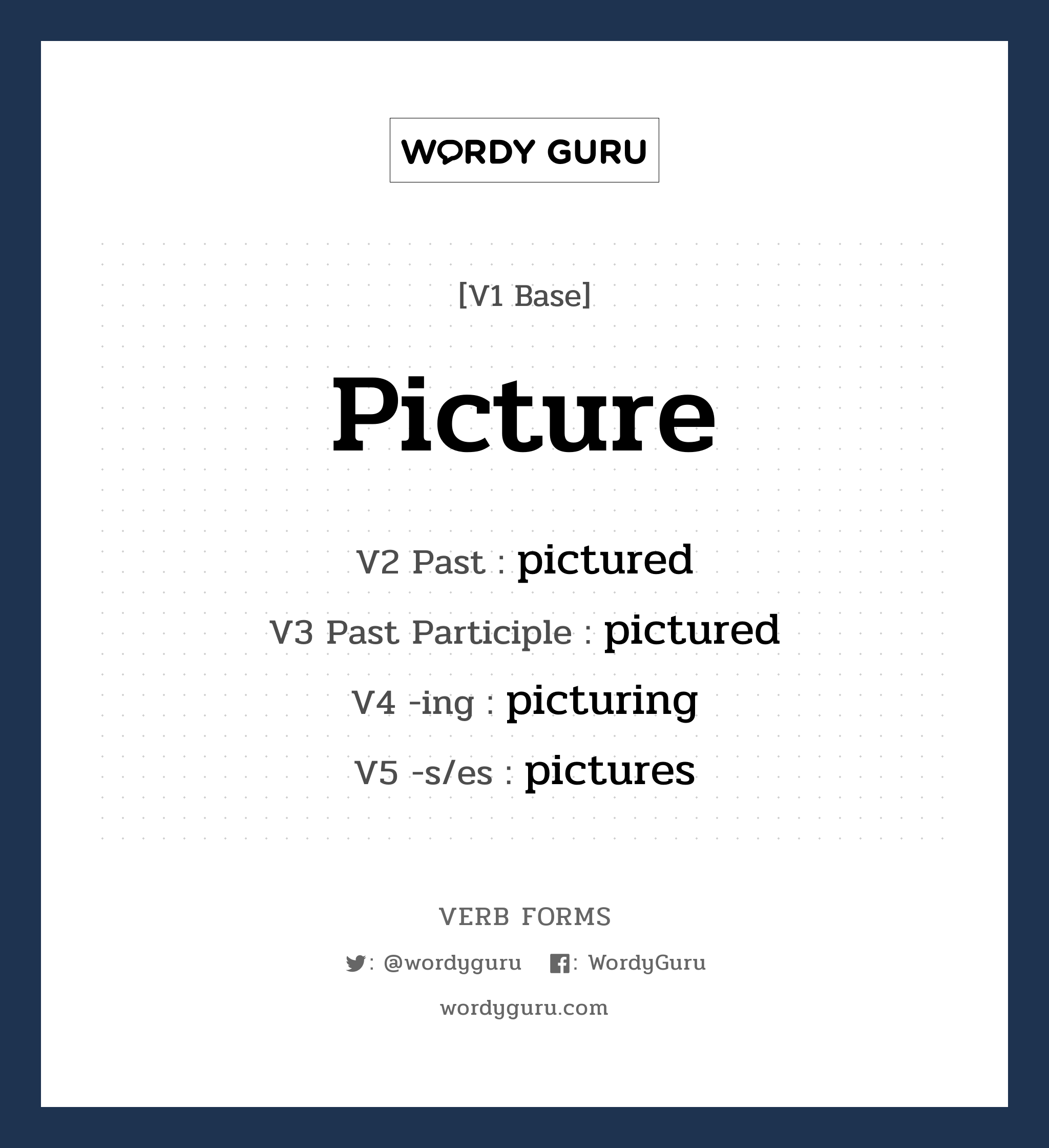 picture คำกริยาคืออะไร, V1 Base picture V2 Past pictured V3 Past Participle pictured V4 -ing picturing V5 -s/es pictures หมวด base-form, regular
