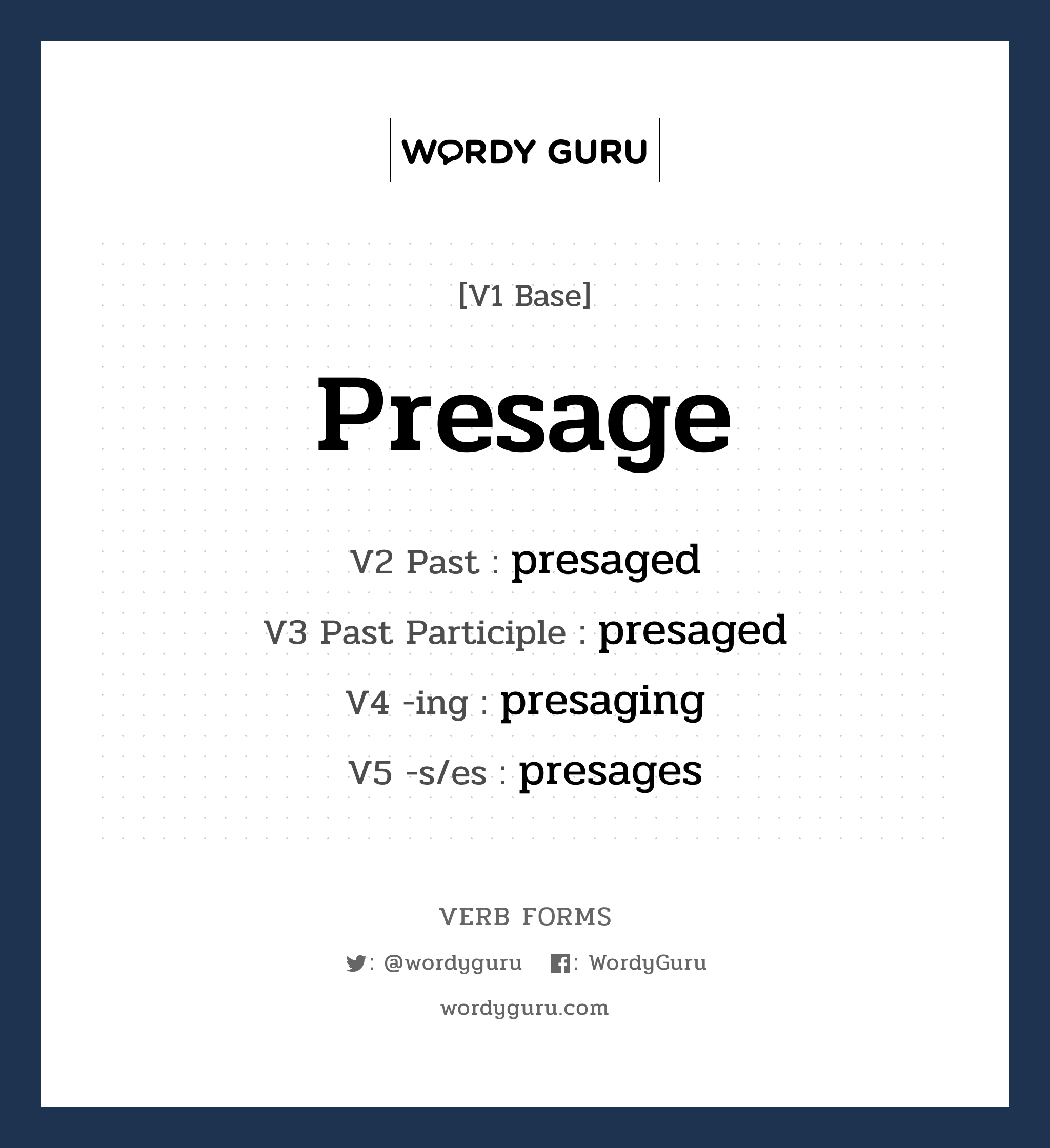 presage คำกริยาคืออะไร, V1 Base presage V2 Past presaged V3 Past Participle presaged V4 -ing presaging V5 -s/es presages หมวด base-form, regular