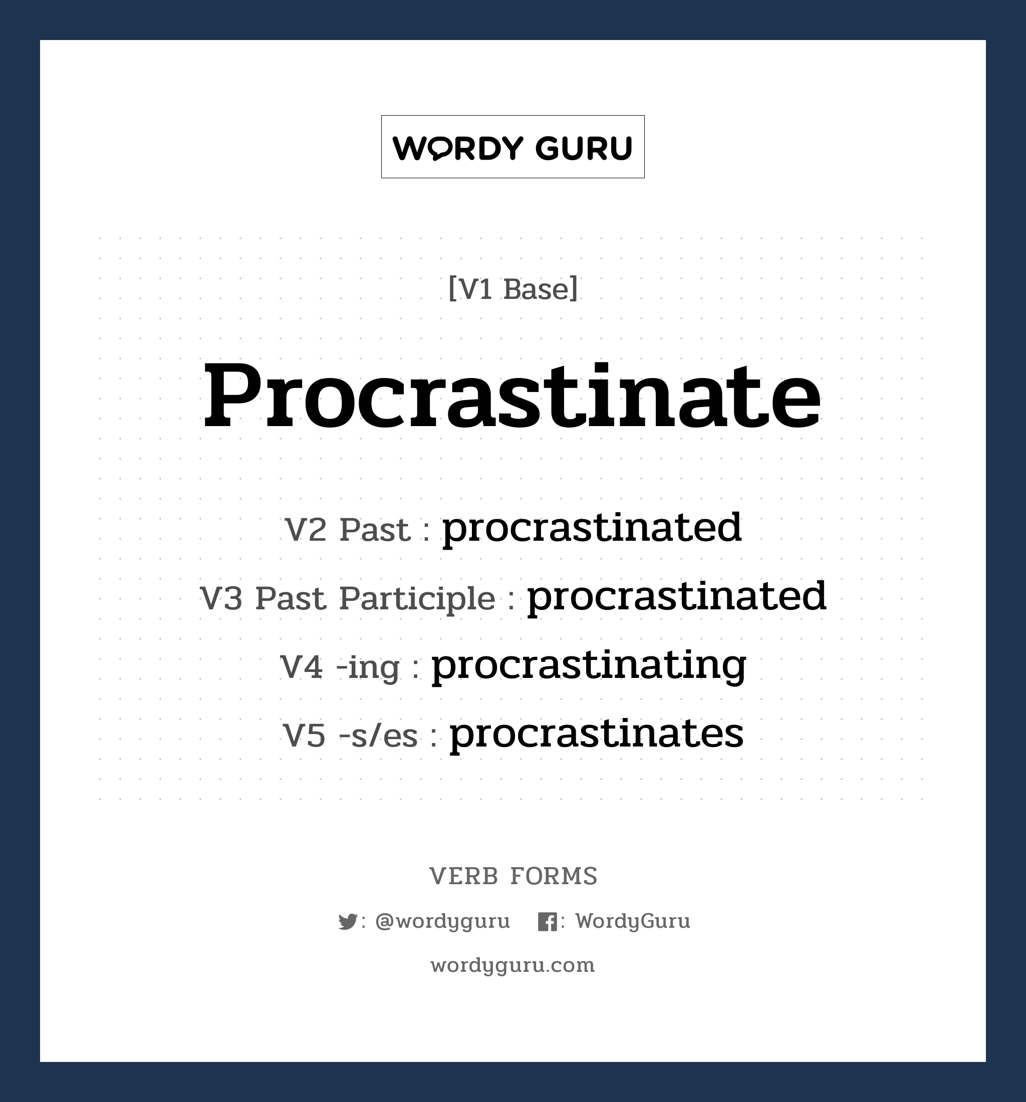 procrastinate คำกริยาคืออะไร, V1 Base procrastinate V2 Past procrastinated V3 Past Participle procrastinated V4 -ing procrastinating V5 -s/es procrastinates หมวด base-form, regular