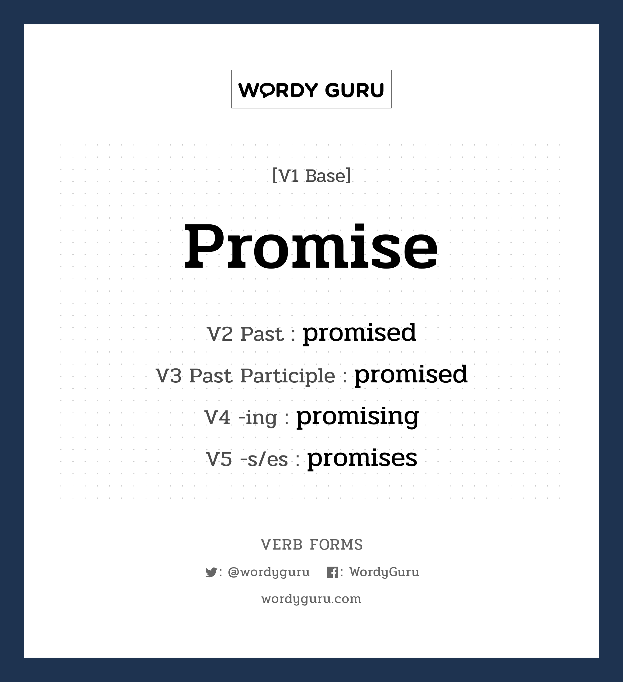 promise คำกริยาคืออะไร, V1 Base promise V2 Past promised V3 Past Participle promised V4 -ing promising V5 -s/es promises หมวด base-form, regular