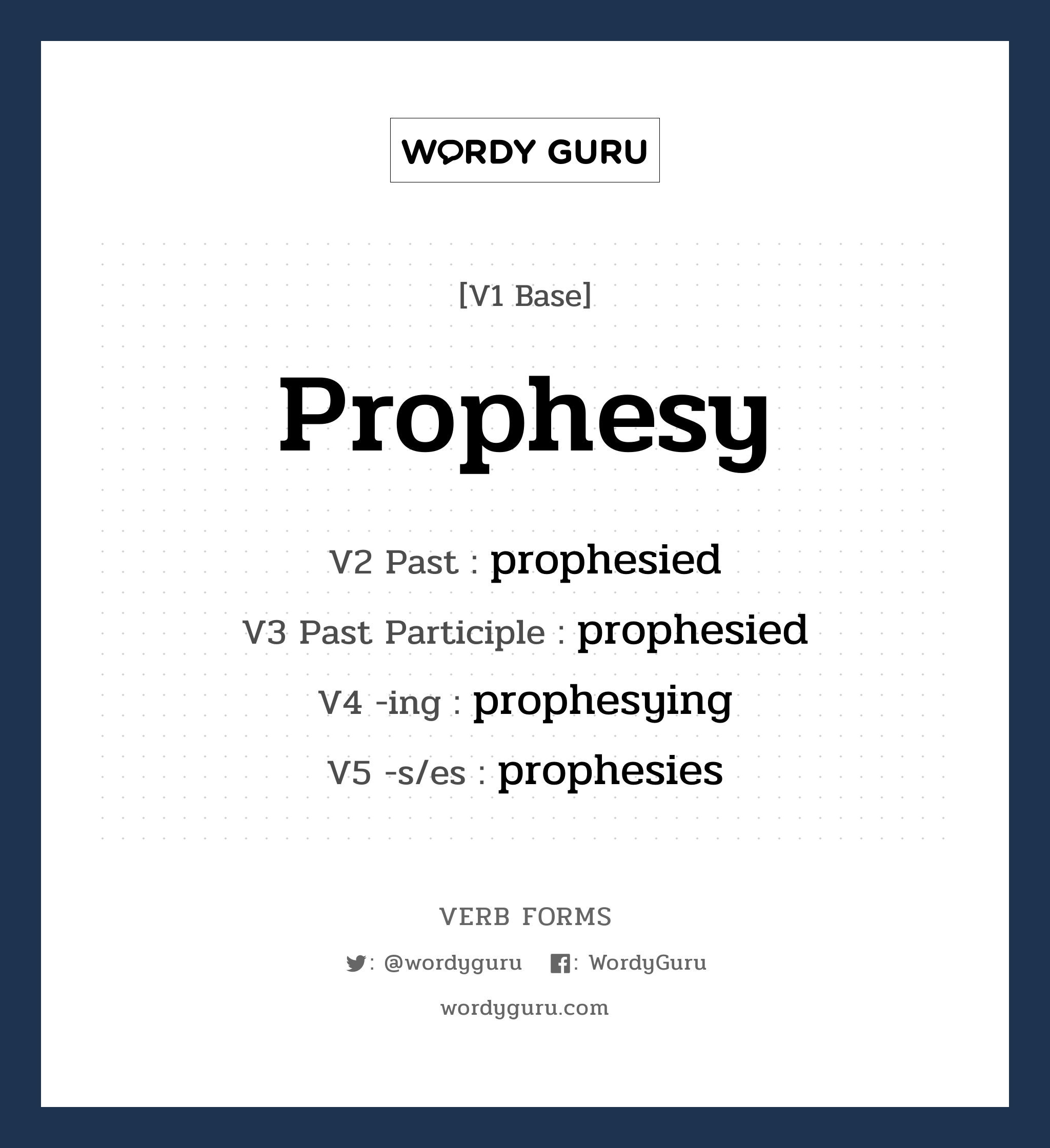 prophesy คำกริยาคืออะไร, V1 Base prophesy V2 Past prophesied V3 Past Participle prophesied V4 -ing prophesying V5 -s/es prophesies หมวด base-form, regular