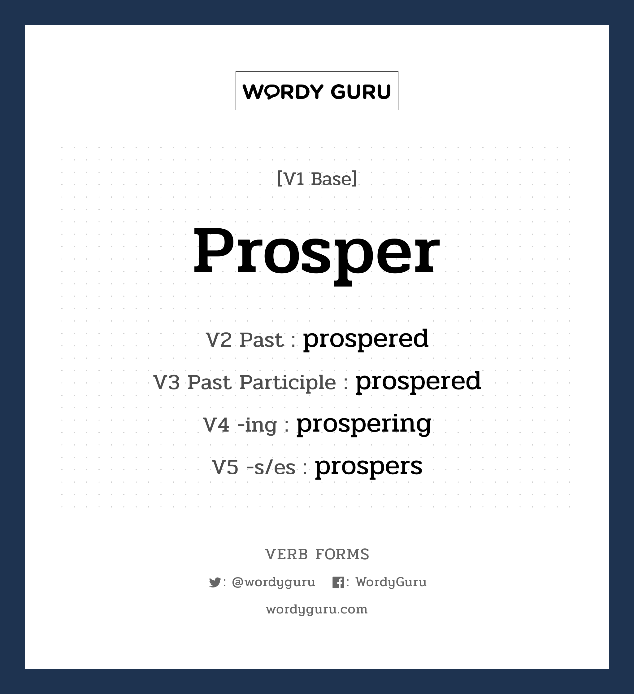 prosper คำกริยาคืออะไร, V1 Base prosper V2 Past prospered V3 Past Participle prospered V4 -ing prospering V5 -s/es prospers หมวด base-form, regular