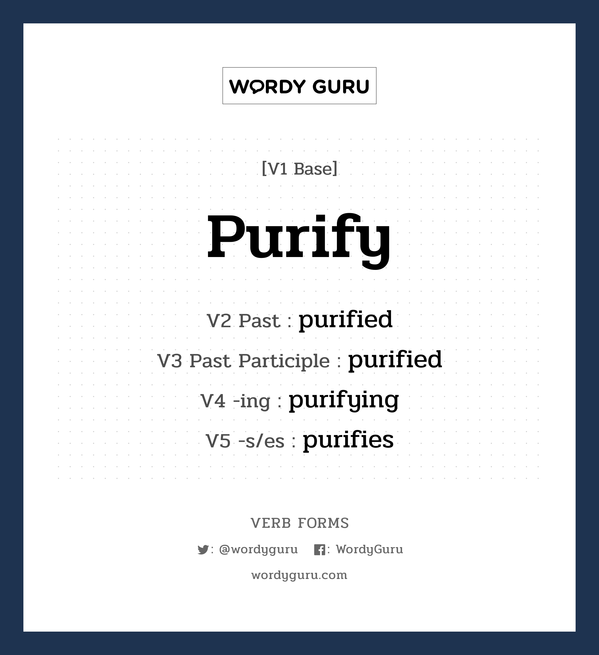 purify คำกริยาคืออะไร, V1 Base purify V2 Past purified V3 Past Participle purified V4 -ing purifying V5 -s/es purifies หมวด base-form, regular