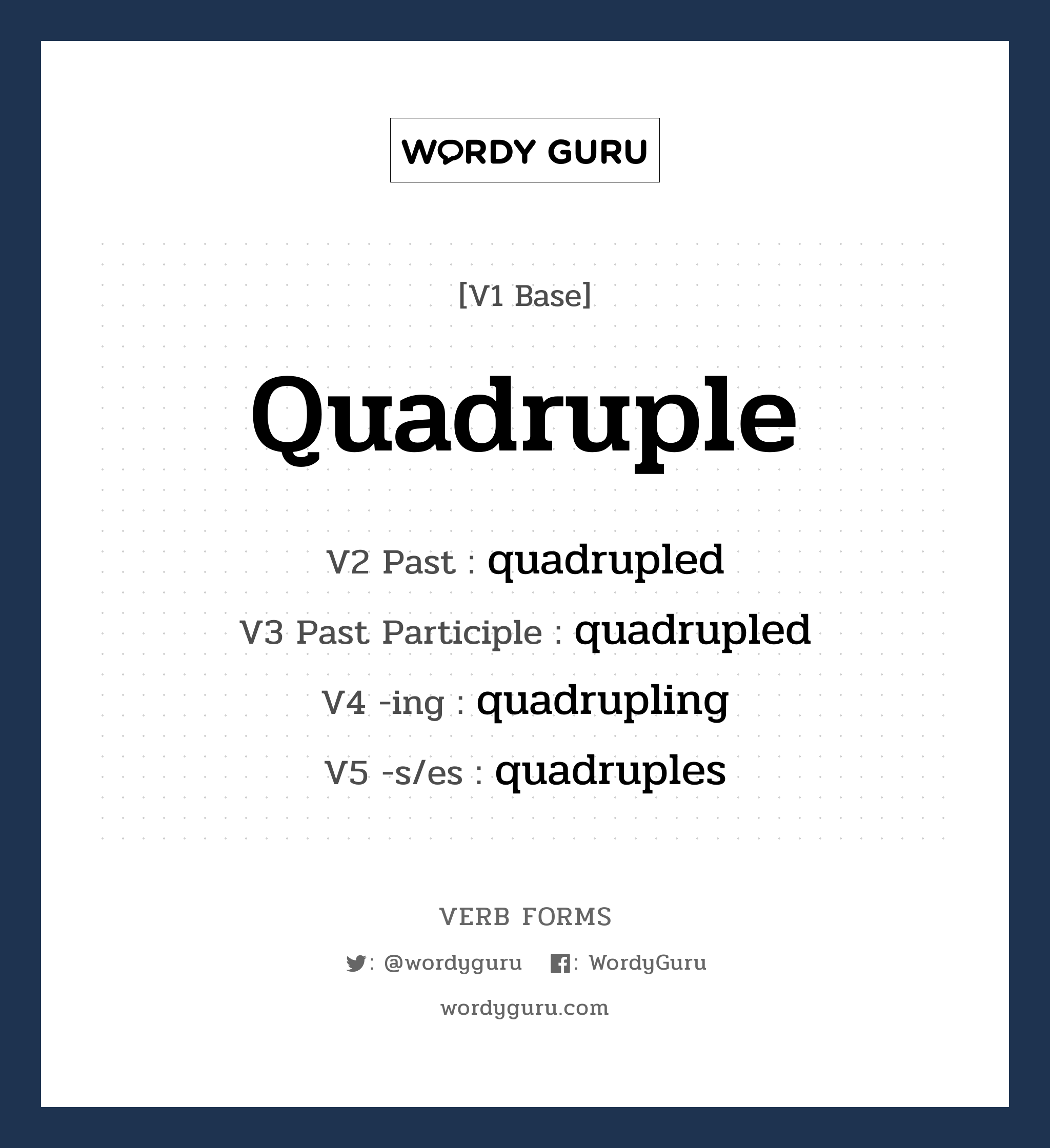 quadruple คำกริยาคืออะไร, V1 Base quadruple V2 Past quadrupled V3 Past Participle quadrupled V4 -ing quadrupling V5 -s/es quadruples หมวด base-form, regular