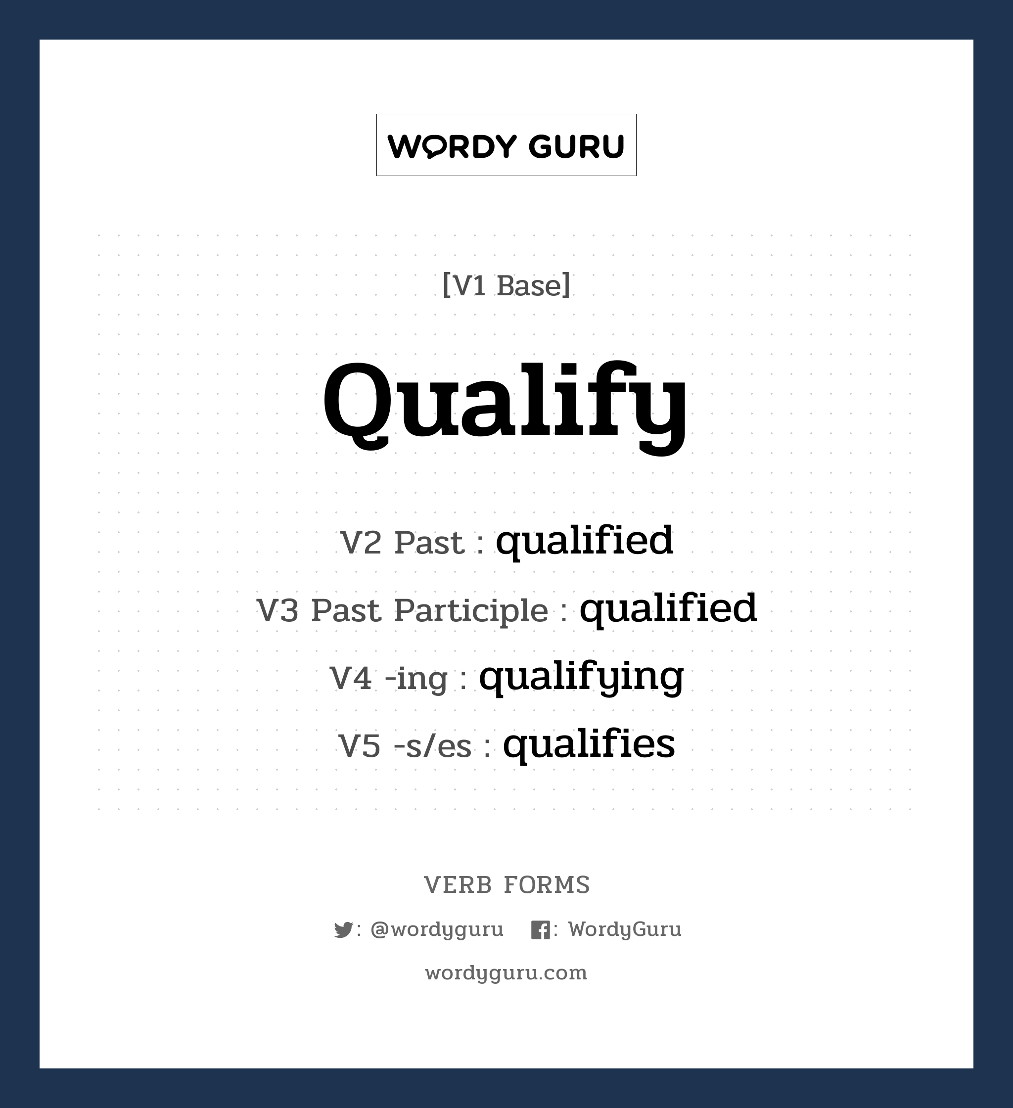 qualify คำกริยาคืออะไร, V1 Base qualify V2 Past qualified V3 Past Participle qualified V4 -ing qualifying V5 -s/es qualifies หมวด base-form, regular