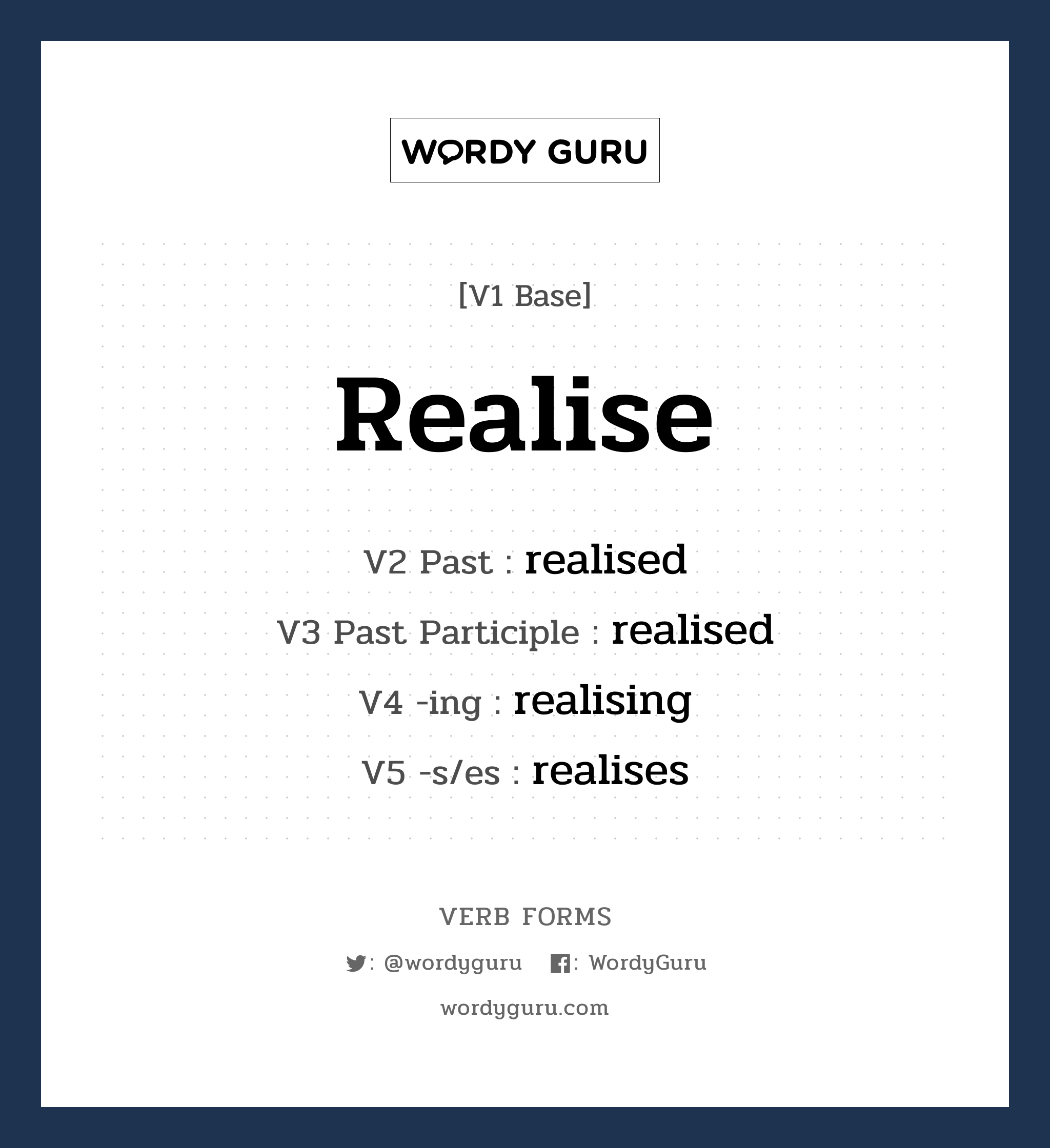 realise คำกริยาคืออะไร, V1 Base realise V2 Past realised V3 Past Participle realised V4 -ing realising V5 -s/es realises หมวด base-form, regular