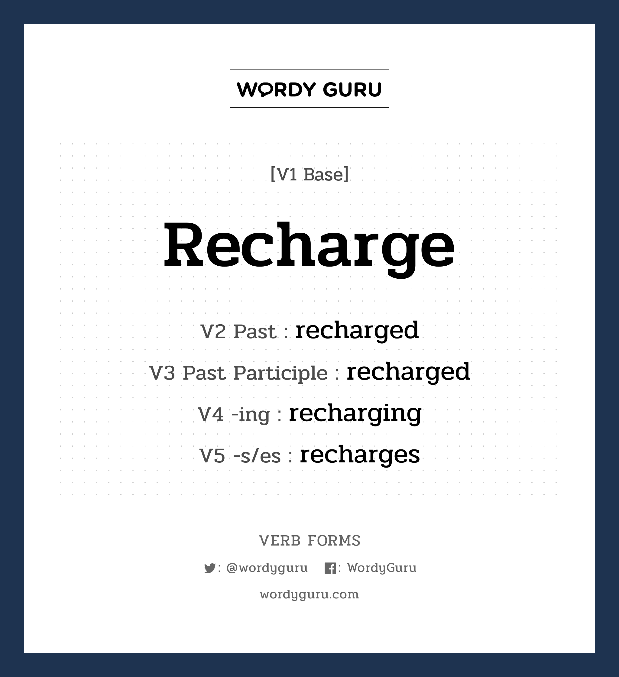 recharge คำกริยาคืออะไร, V1 Base recharge V2 Past recharged V3 Past Participle recharged V4 -ing recharging V5 -s/es recharges หมวด base-form, regular