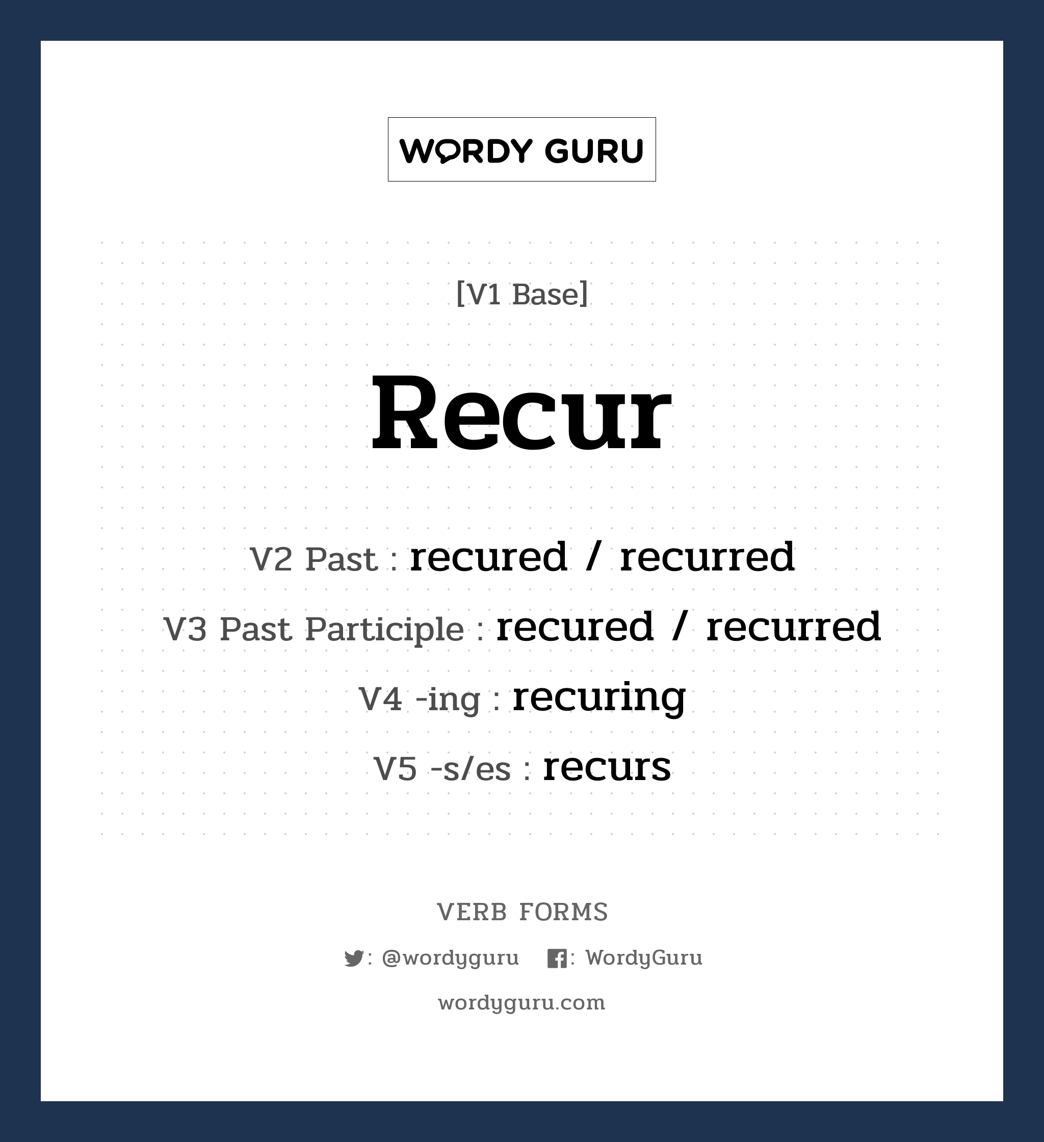 recur คำกริยาคืออะไร, V1 Base recur V2 Past recured / recurred V3 Past Participle recured / recurred V4 -ing recuring V5 -s/es recurs หมวด base-form, regular