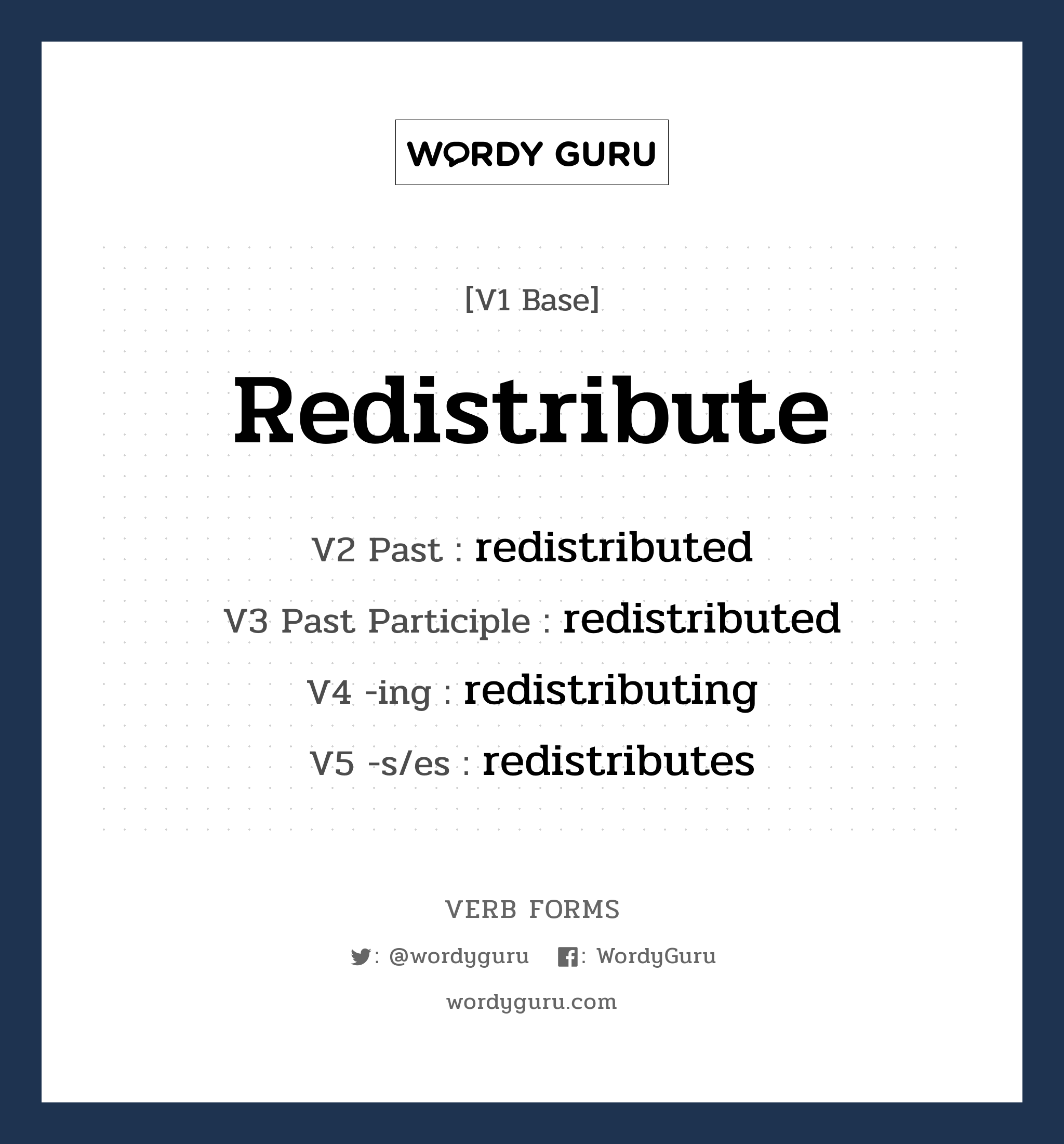 redistribute คำกริยาคืออะไร, V1 Base redistribute V2 Past redistributed V3 Past Participle redistributed V4 -ing redistributing V5 -s/es redistributes หมวด base-form, regular
