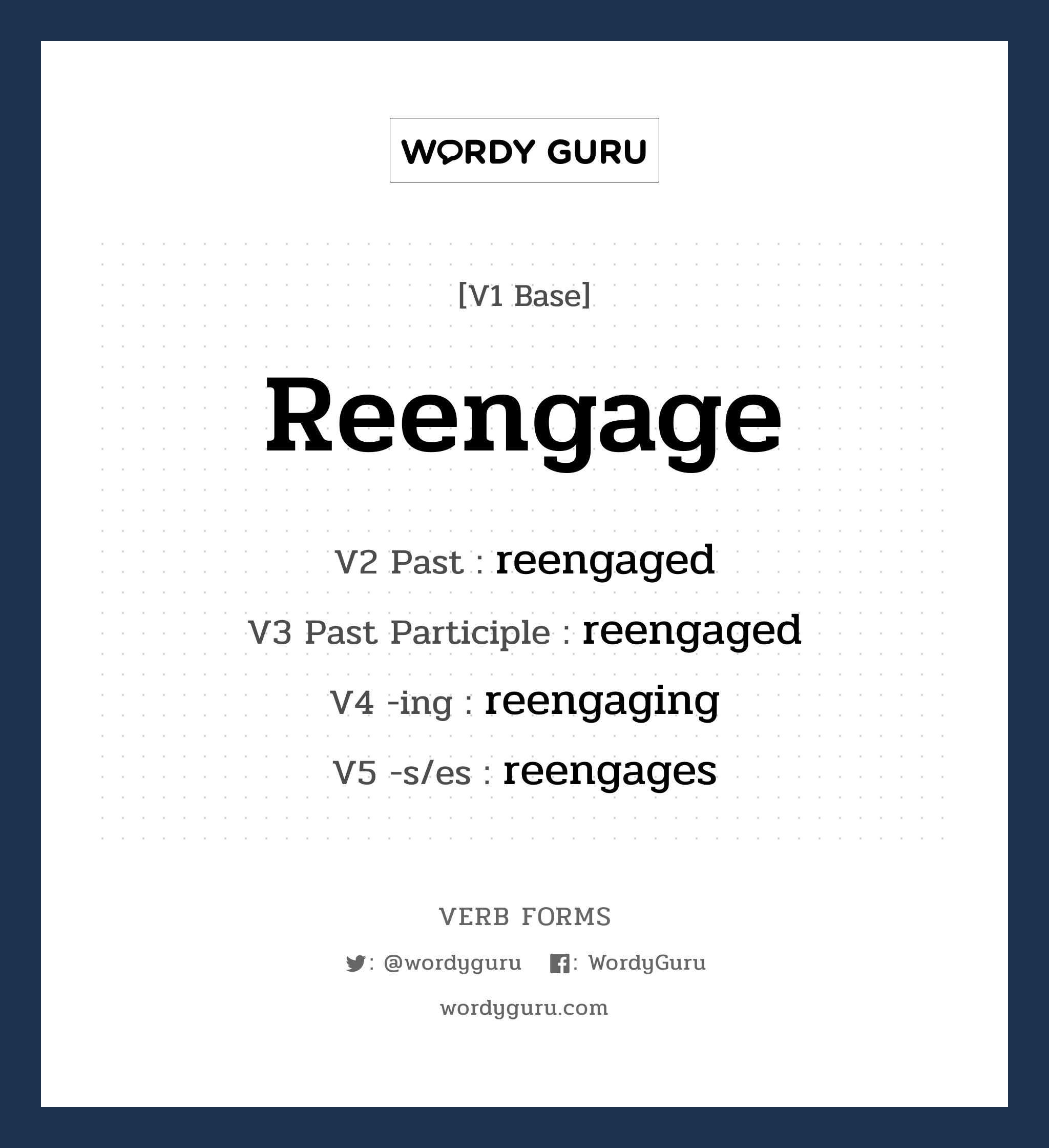 reengage คำกริยาคืออะไร, V1 Base reengage V2 Past reengaged V3 Past Participle reengaged V4 -ing reengaging V5 -s/es reengages หมวด base-form, regular
