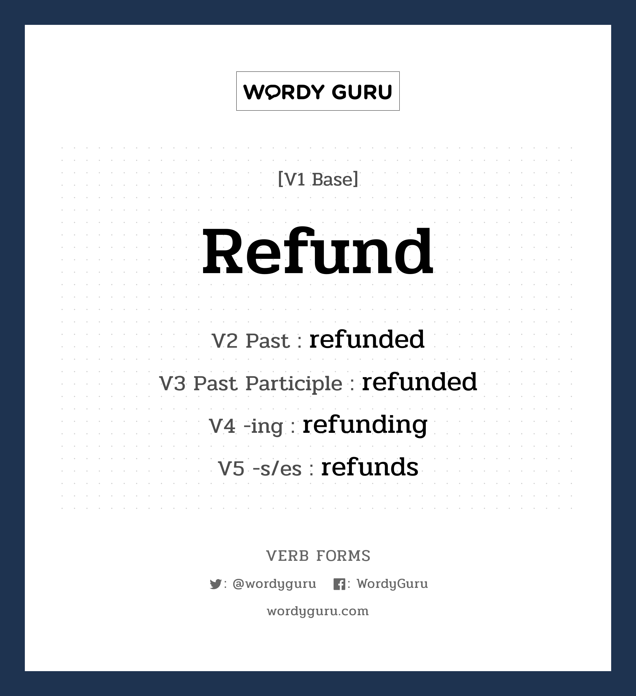 refund คำกริยาคืออะไร, V1 Base refund V2 Past refunded V3 Past Participle refunded V4 -ing refunding V5 -s/es refunds หมวด base-form, regular