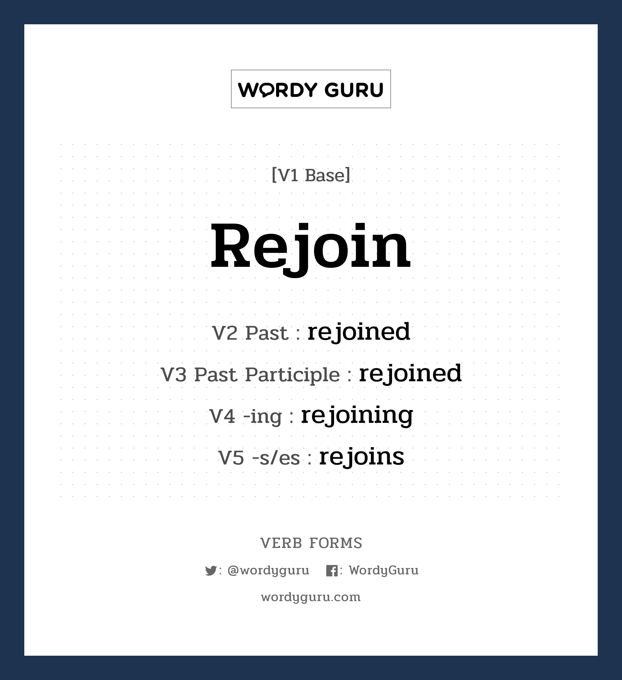 rejoin คำกริยาคืออะไร, V1 Base rejoin V2 Past rejoined V3 Past Participle rejoined V4 -ing rejoining V5 -s/es rejoins หมวด base-form, regular
