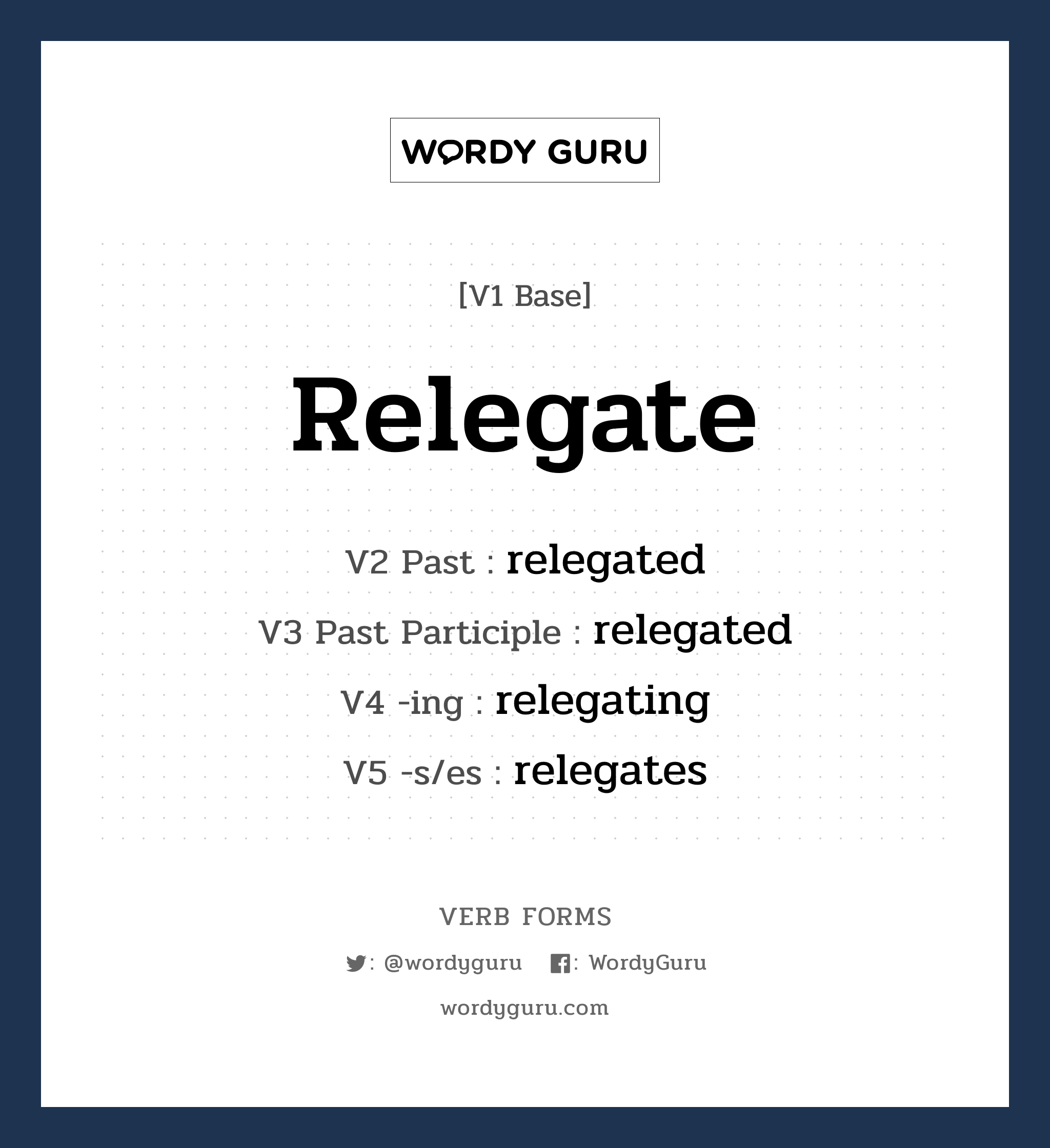 relegate คำกริยาคืออะไร, V1 Base relegate V2 Past relegated V3 Past Participle relegated V4 -ing relegating V5 -s/es relegates หมวด base-form, regular