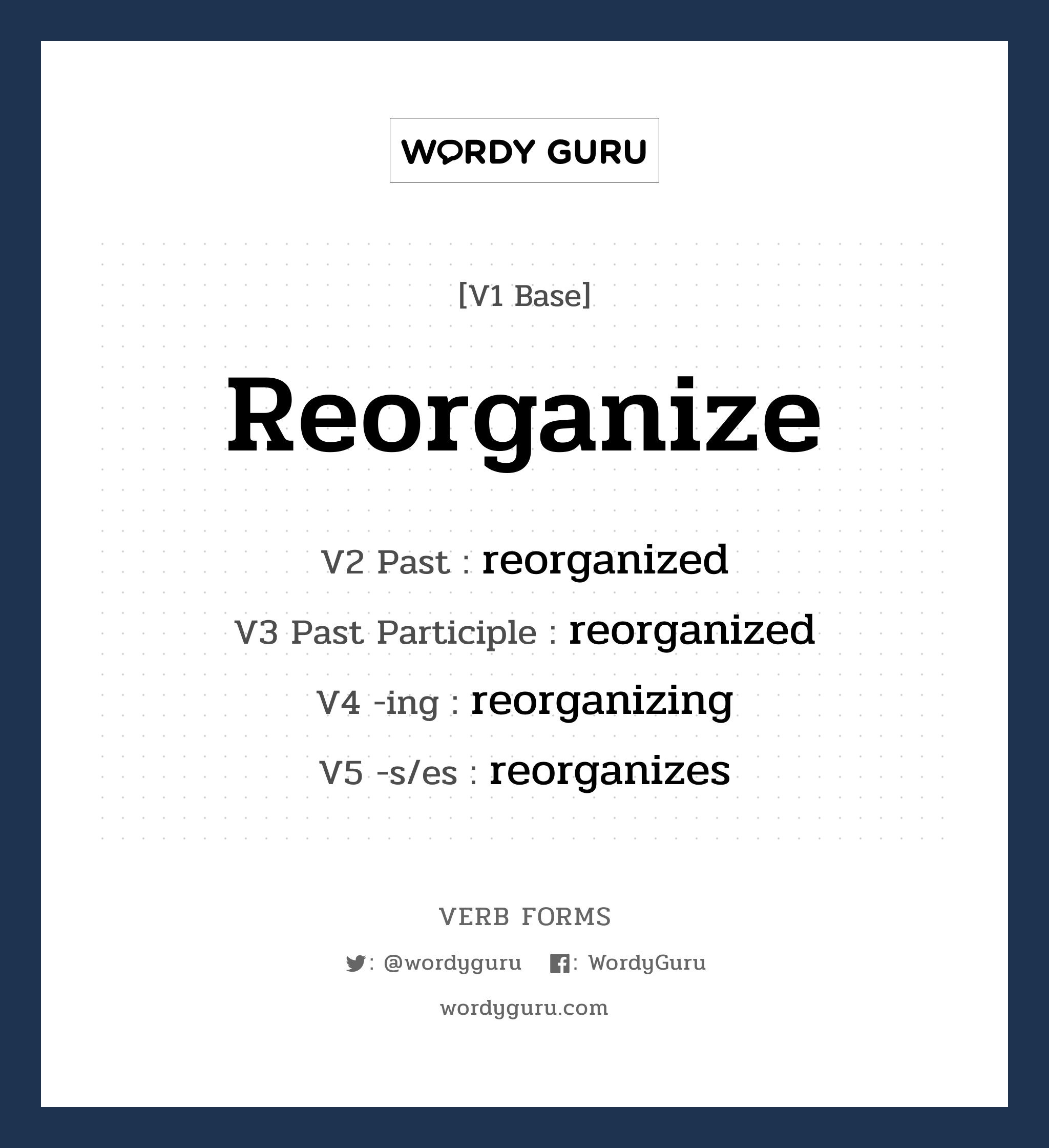 reorganize คำกริยาคืออะไร, V1 Base reorganize V2 Past reorganized V3 Past Participle reorganized V4 -ing reorganizing V5 -s/es reorganizes หมวด base-form, regular