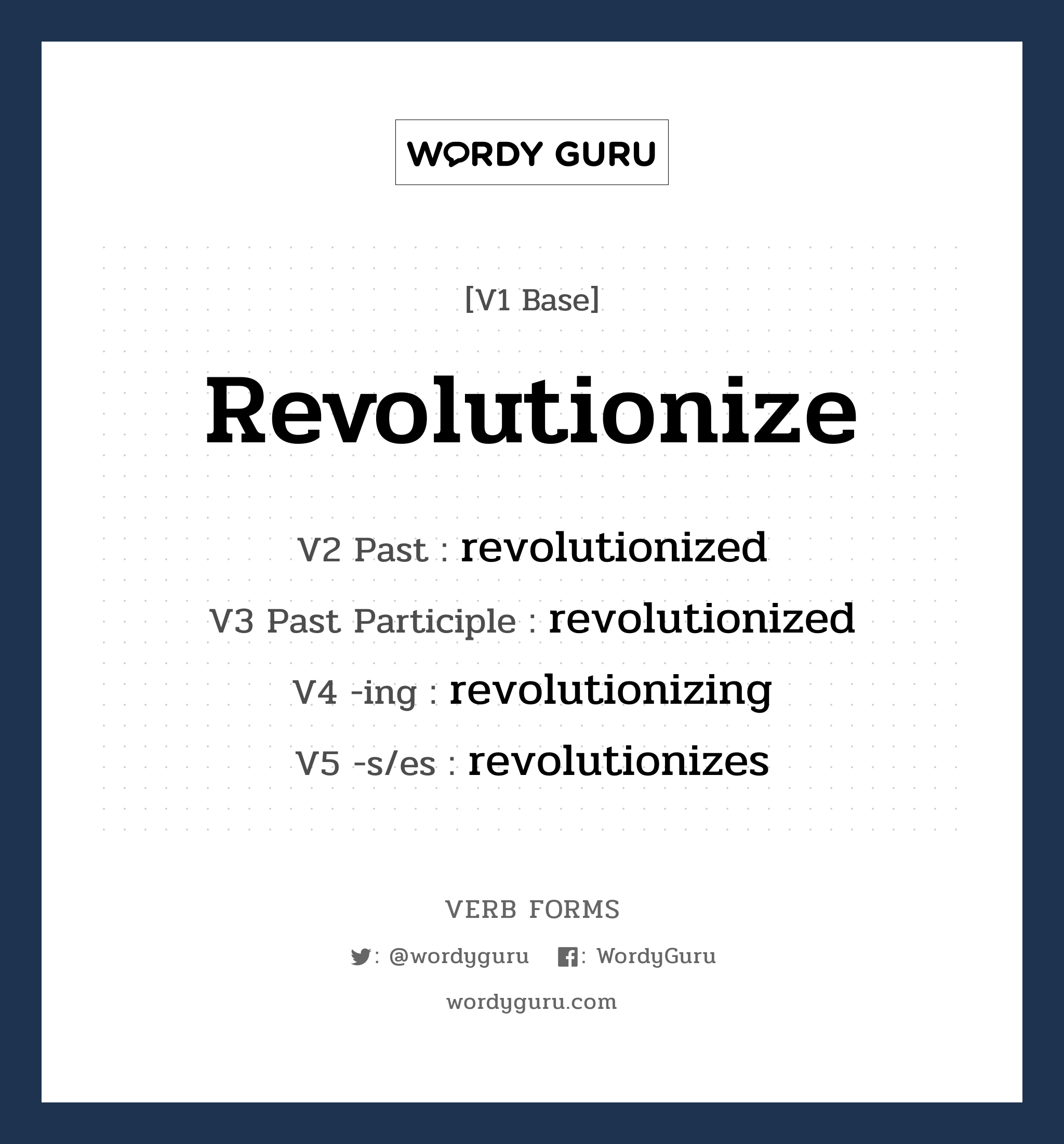 revolutionize คำกริยาคืออะไร, V1 Base revolutionize V2 Past revolutionized V3 Past Participle revolutionized V4 -ing revolutionizing V5 -s/es revolutionizes หมวด base-form, regular