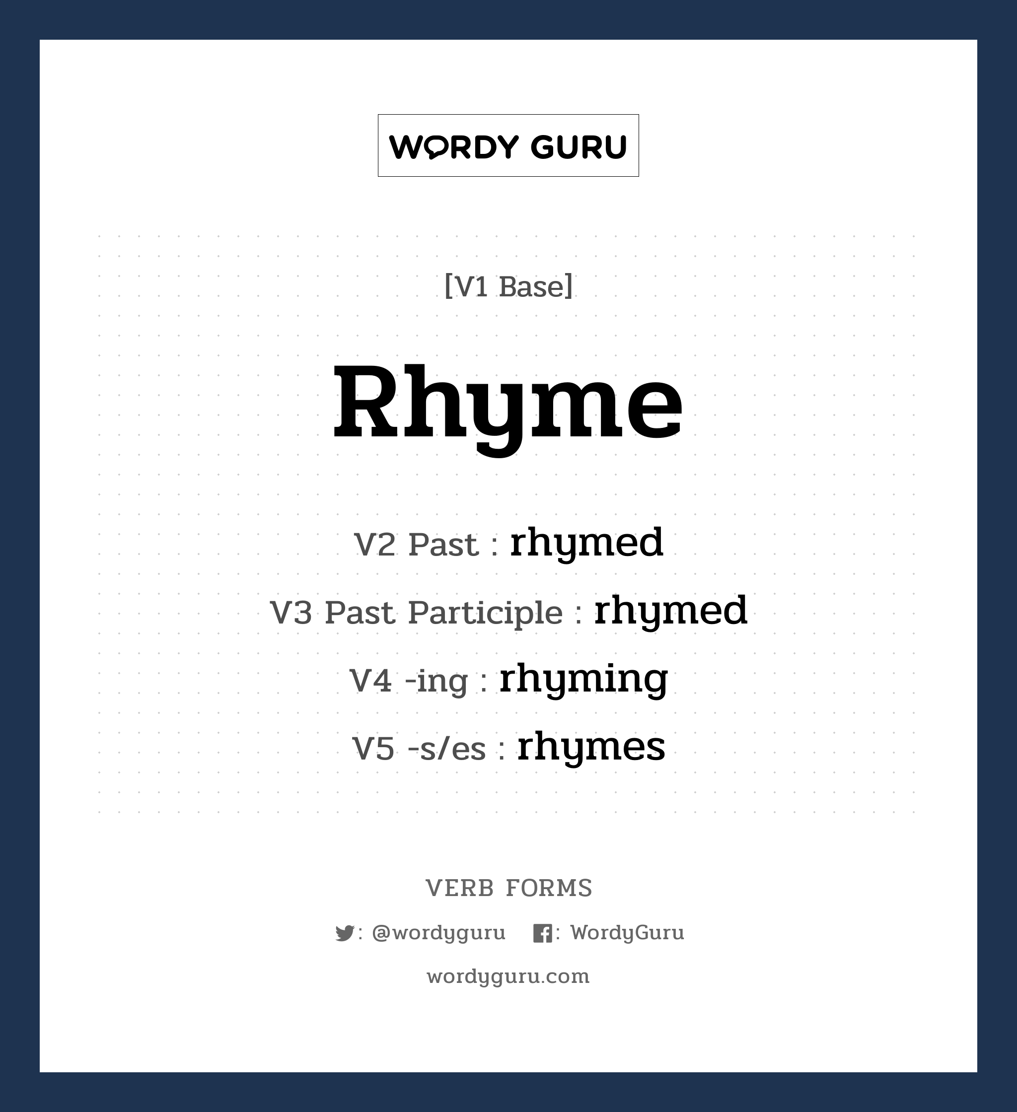 rhyme คำกริยาคืออะไร, V1 Base rhyme V2 Past rhymed V3 Past Participle rhymed V4 -ing rhyming V5 -s/es rhymes หมวด base-form, regular