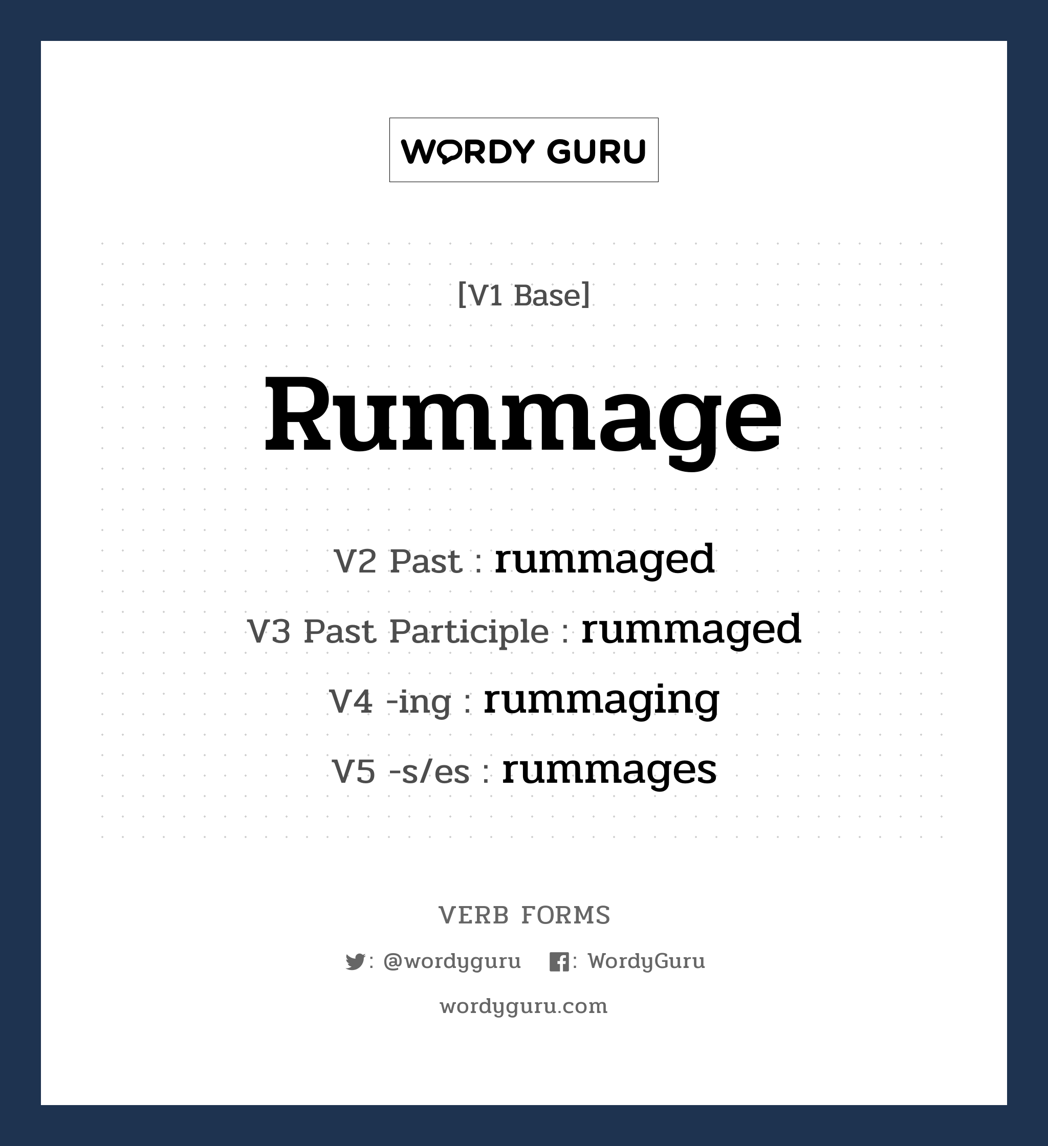 rummage คำกริยาคืออะไร, V1 Base rummage V2 Past rummaged V3 Past Participle rummaged V4 -ing rummaging V5 -s/es rummages หมวด base-form, regular