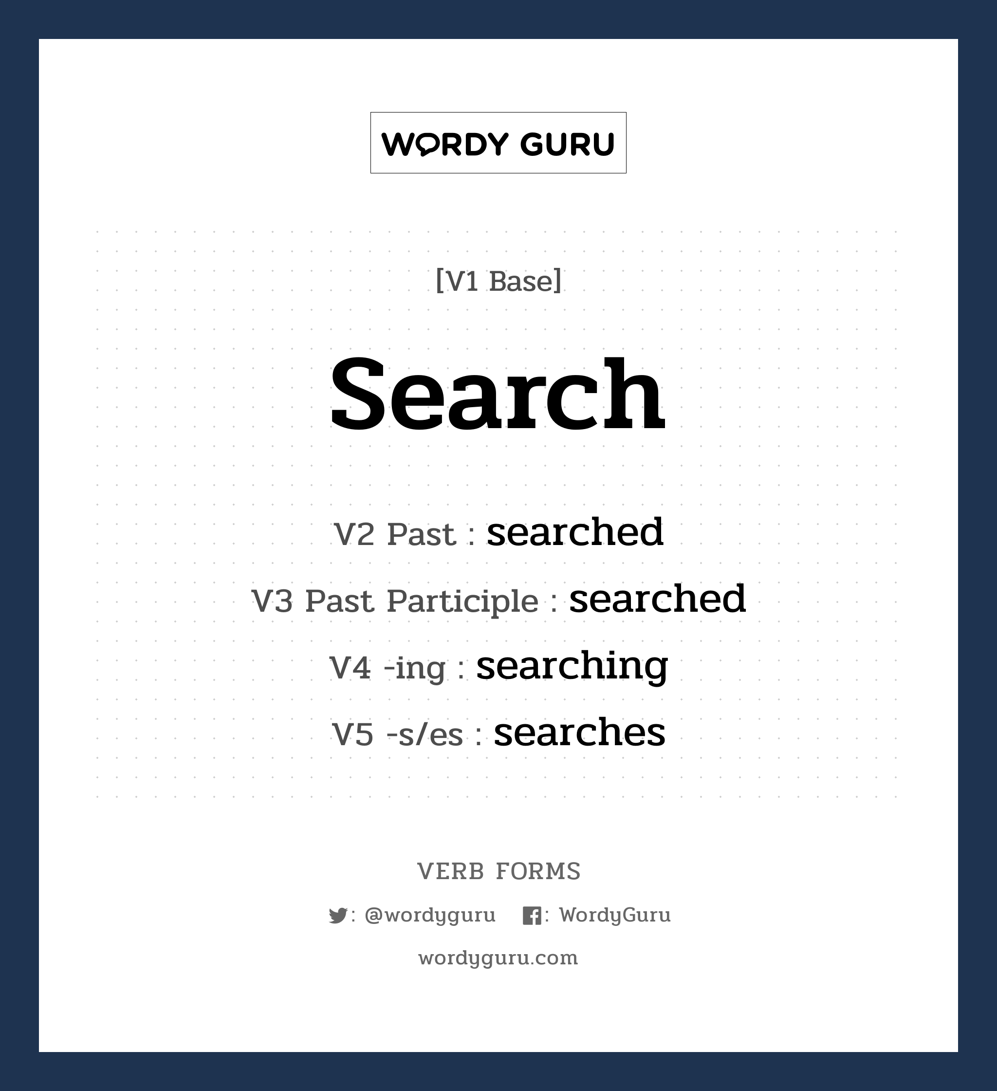 search คำกริยาคืออะไร, V1 Base search V2 Past searched V3 Past Participle searched V4 -ing searching V5 -s/es searches หมวด base-form, regular